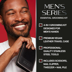 Revlon open vegan leather case displaying four stainless steel grooming tools