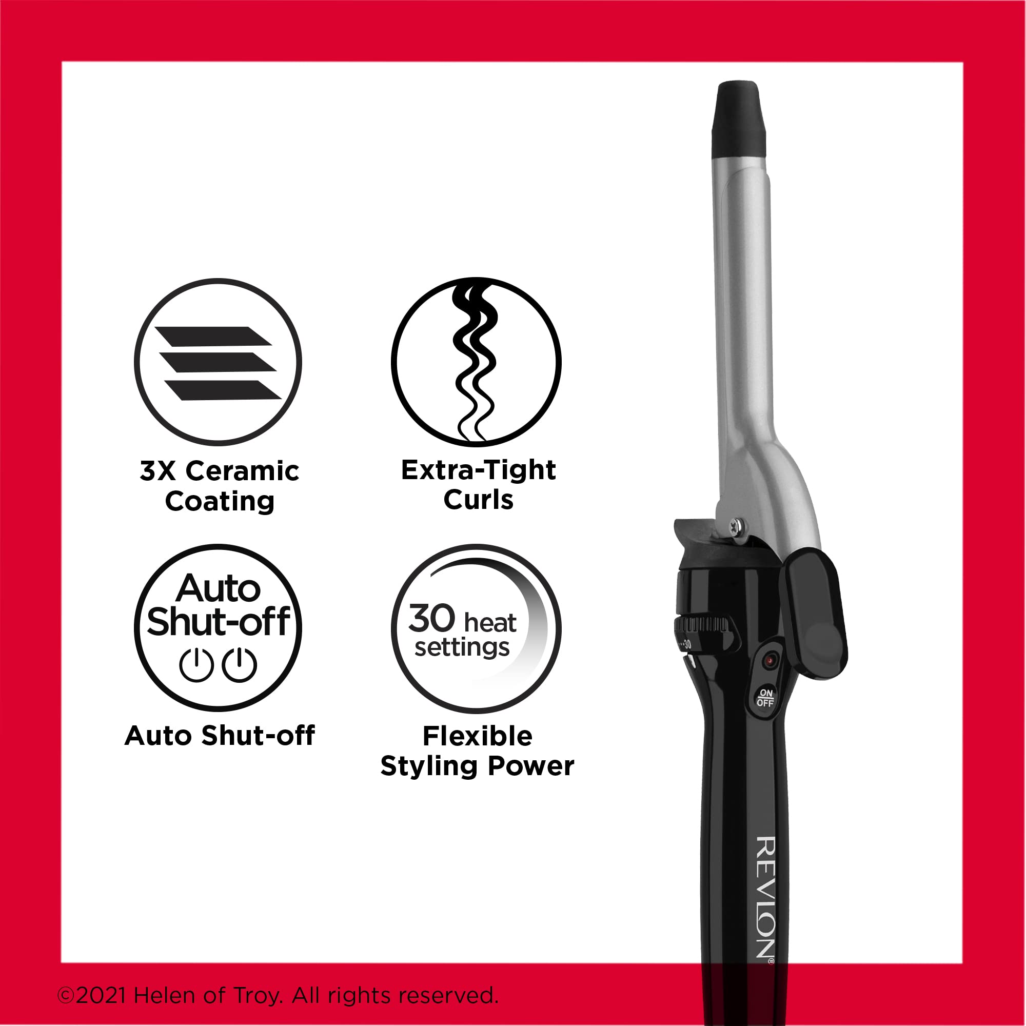 REVLON curling iron next to ruler showing 3/4 inch barrel size and scale