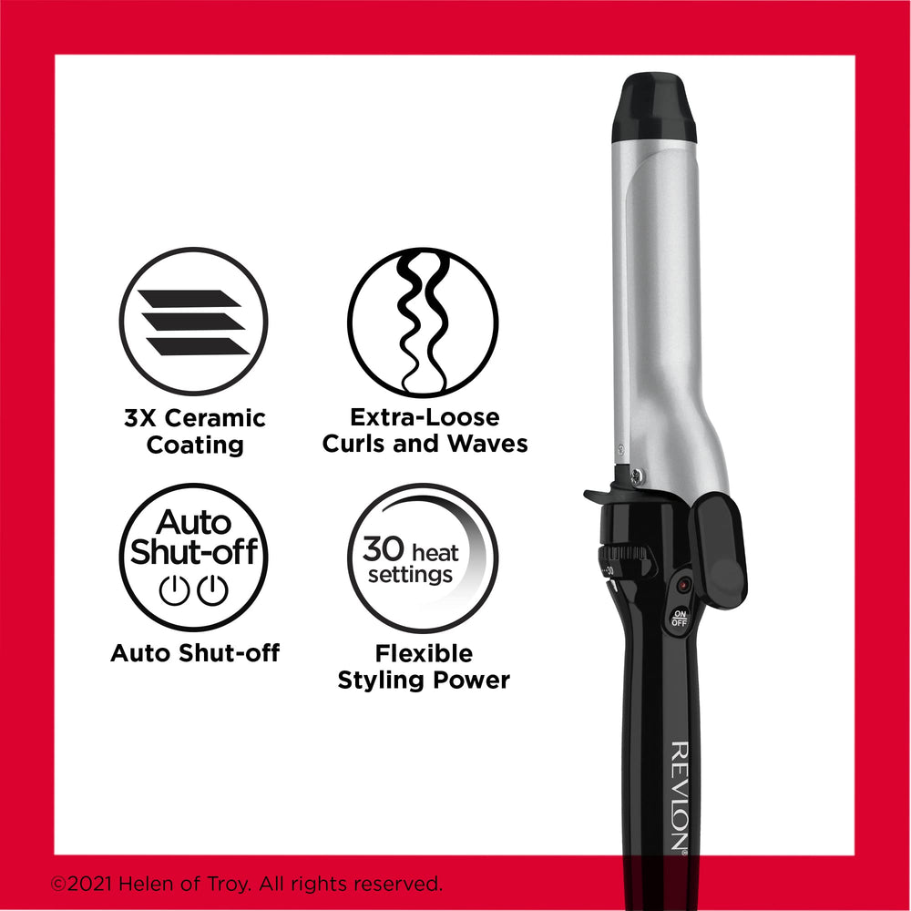 REVLON curling iron beside ruler showing 1.25 inch barrel for accurate sizing
