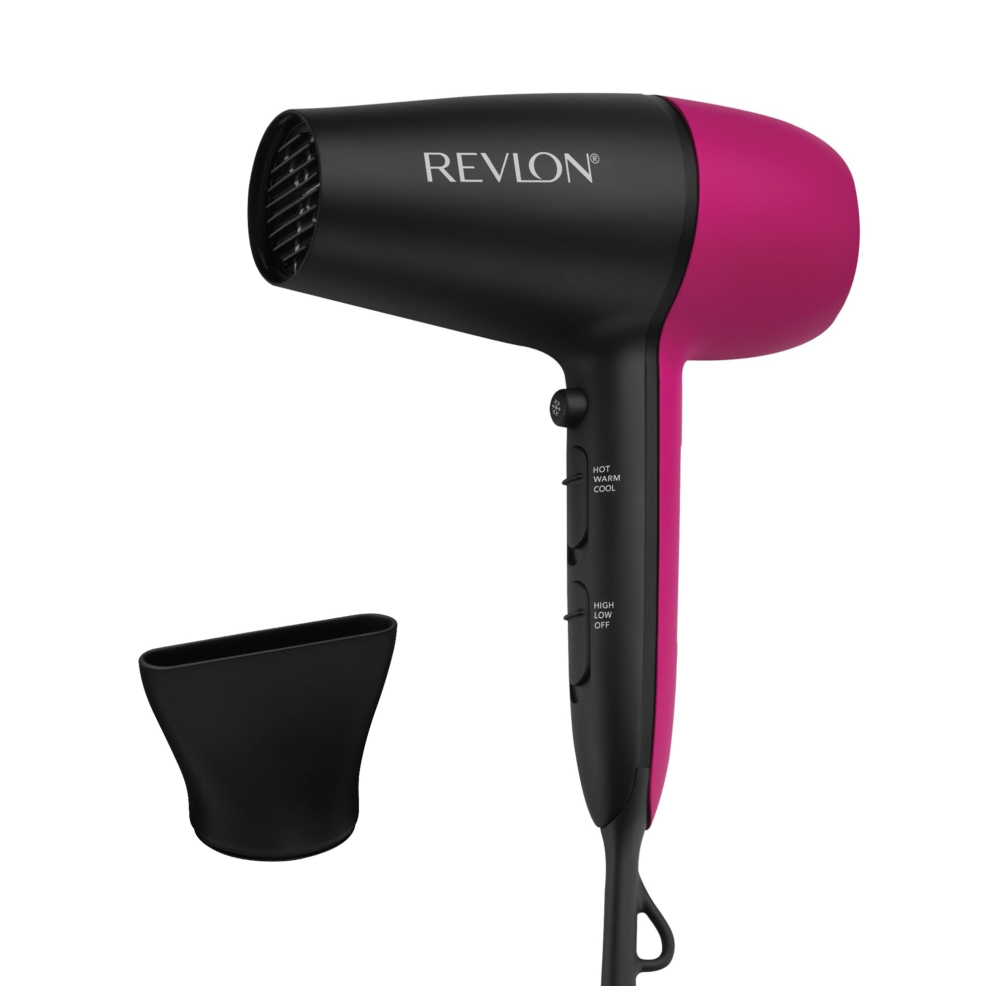 REVLON dryer front view showing sleek black and pink design and easy grip for portable styling