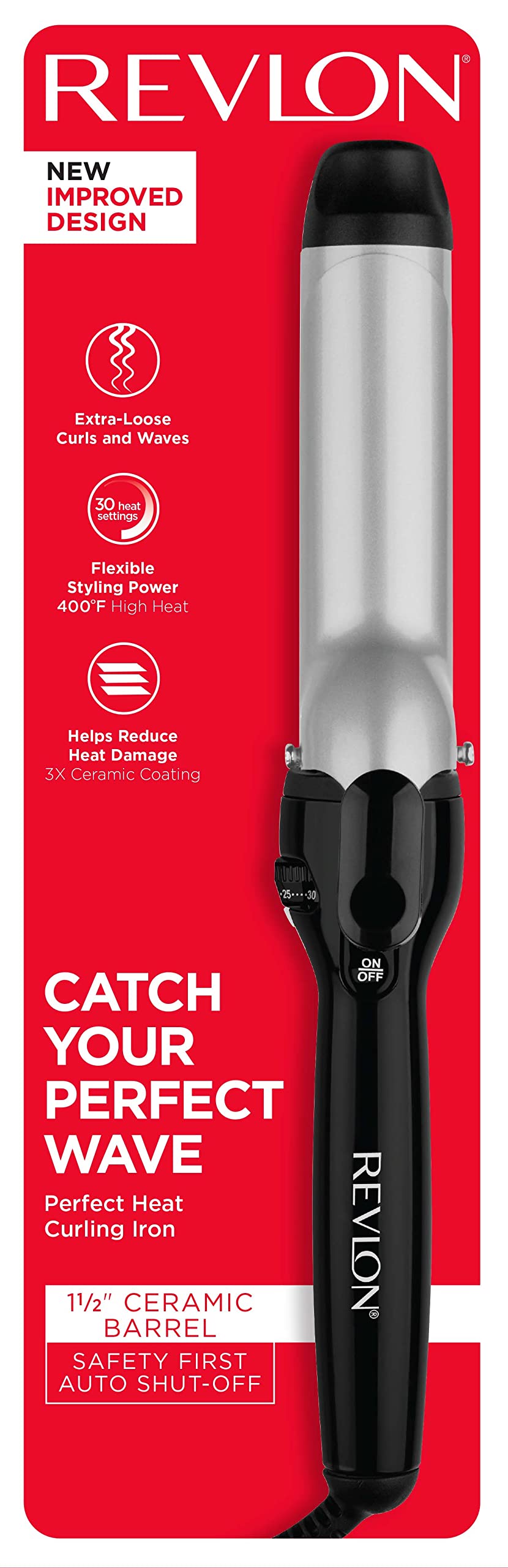 REVLON curling iron held next to hand to show 1.5-inch barrel scale and control