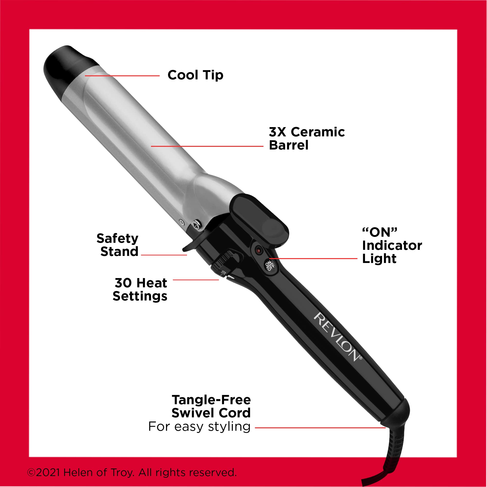 REVLON stay-cool tip and built-in rest protecting surfaces and fingertips during styling