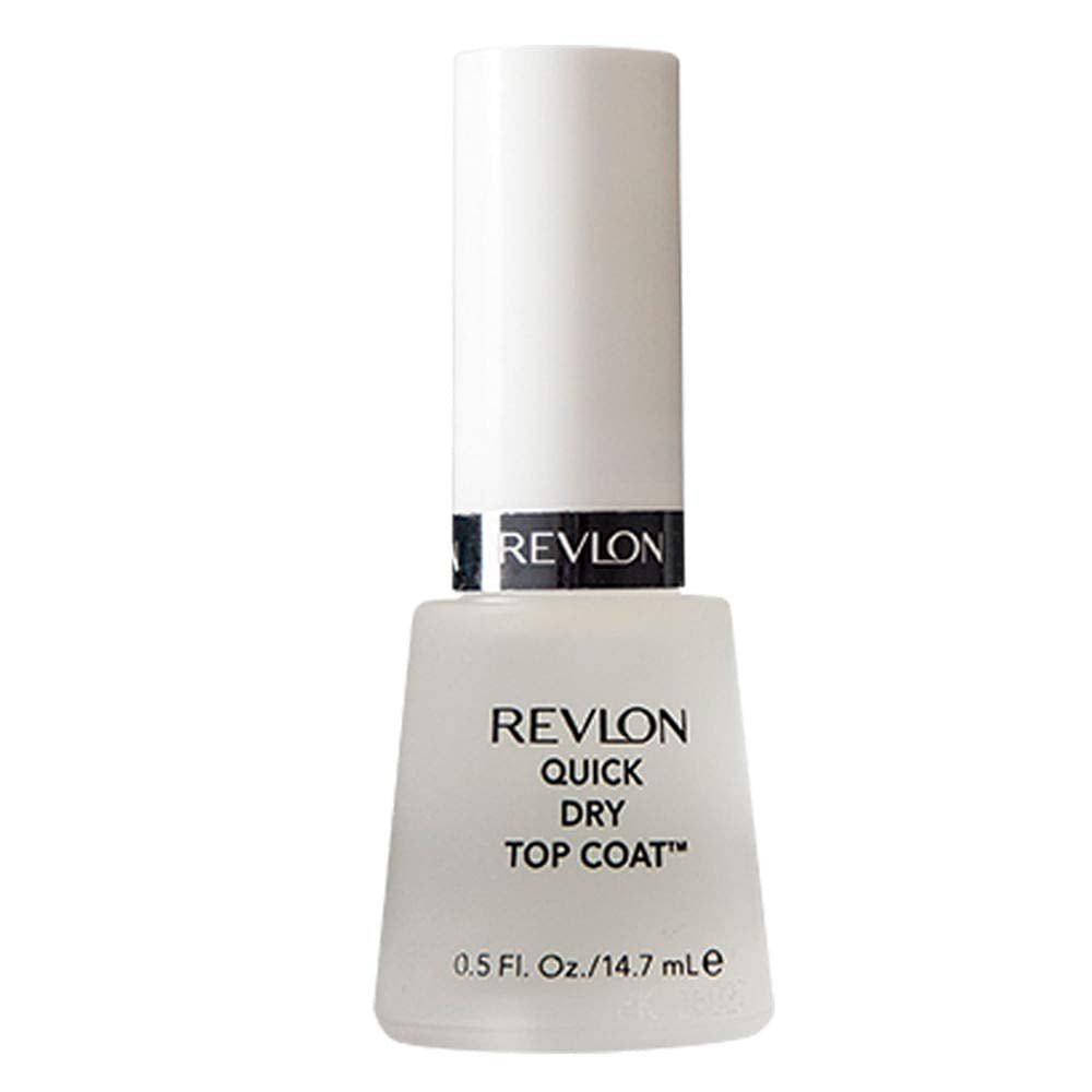 Revlon top coat front packaging showing clear bottle and label, glossy protection