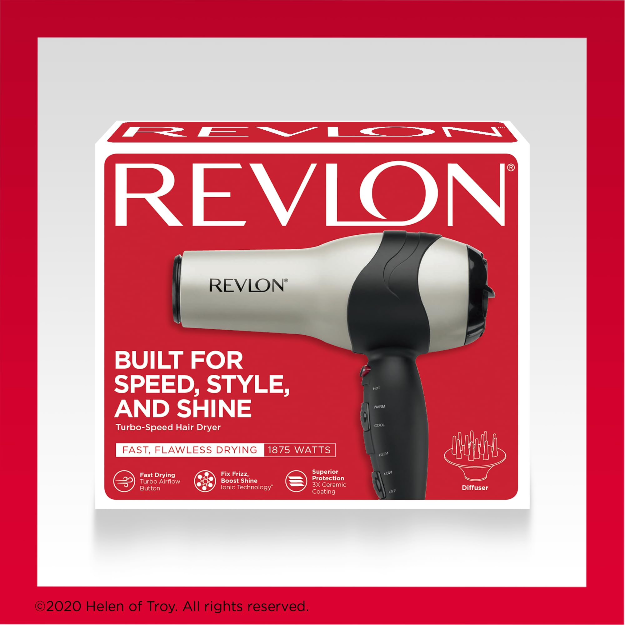 REVLON turbo hair dryer control panel close-up showing heat and speed settings benefit