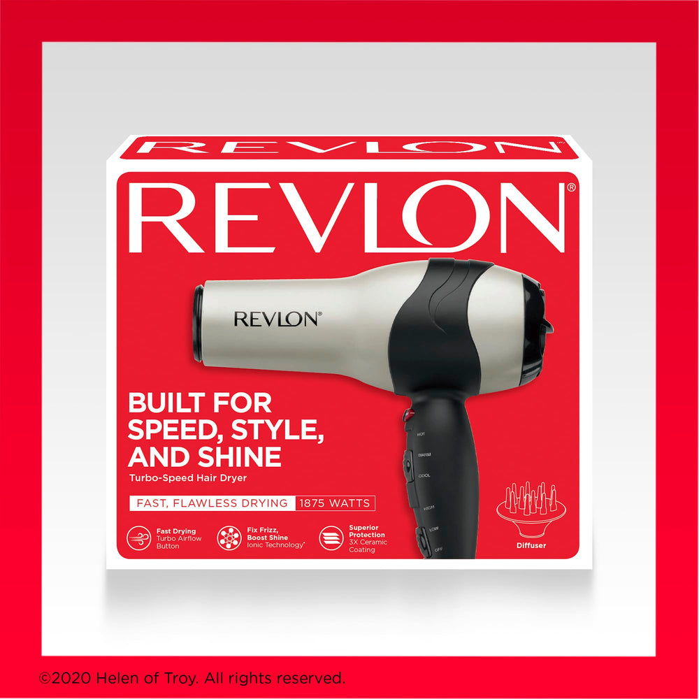 REVLON turbo hair dryer control panel close-up showing heat and speed settings benefit