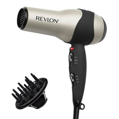 REVLON turbo hair dryer front view showing sleek silver finish and styling benefit