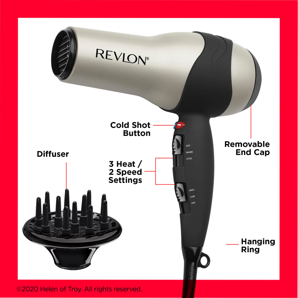 REVLON turbo hair dryer next to ruler for scale showing compact travel-friendly benefit