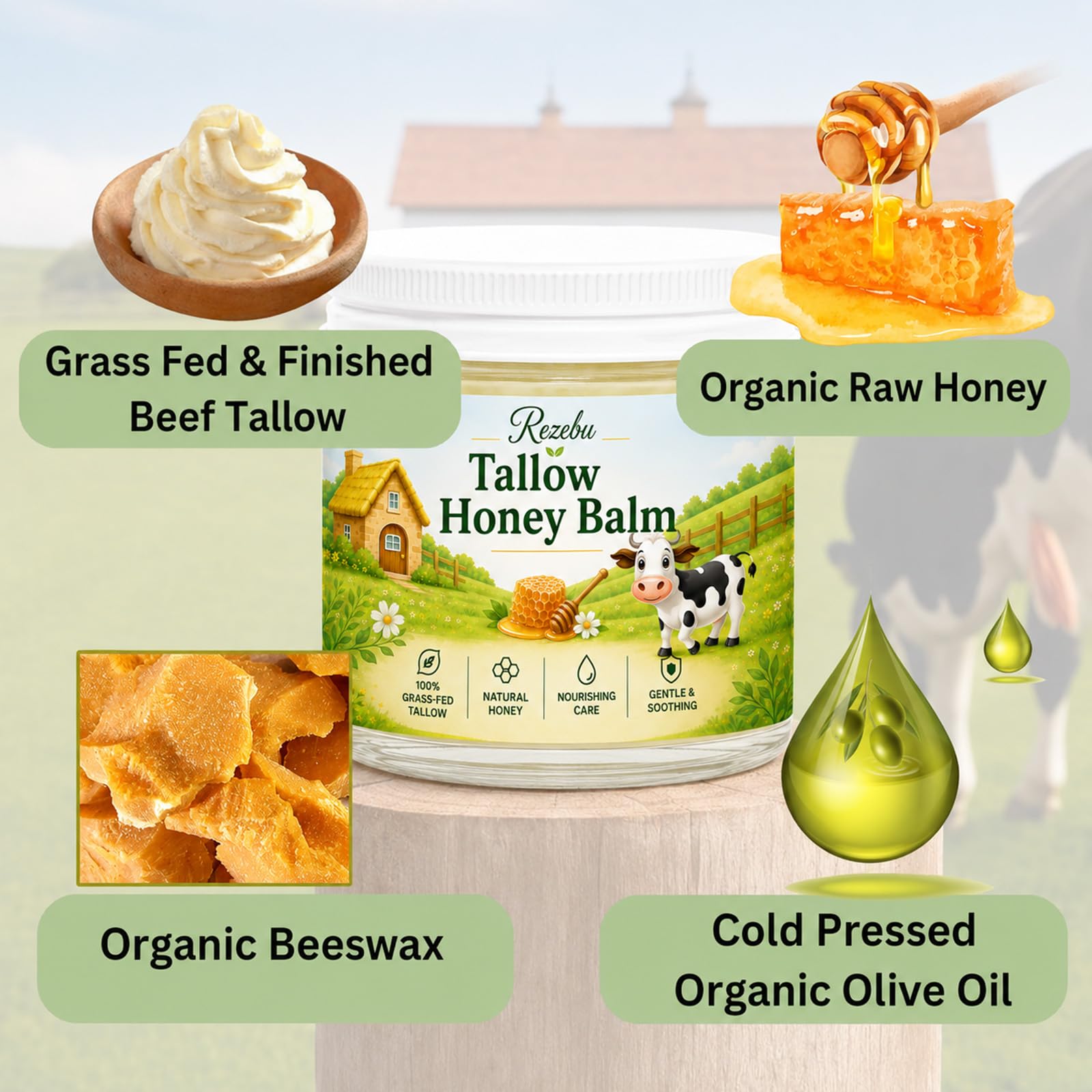Rezebu with raw honey and tallow ingredients, highlighting natural components and nourishment