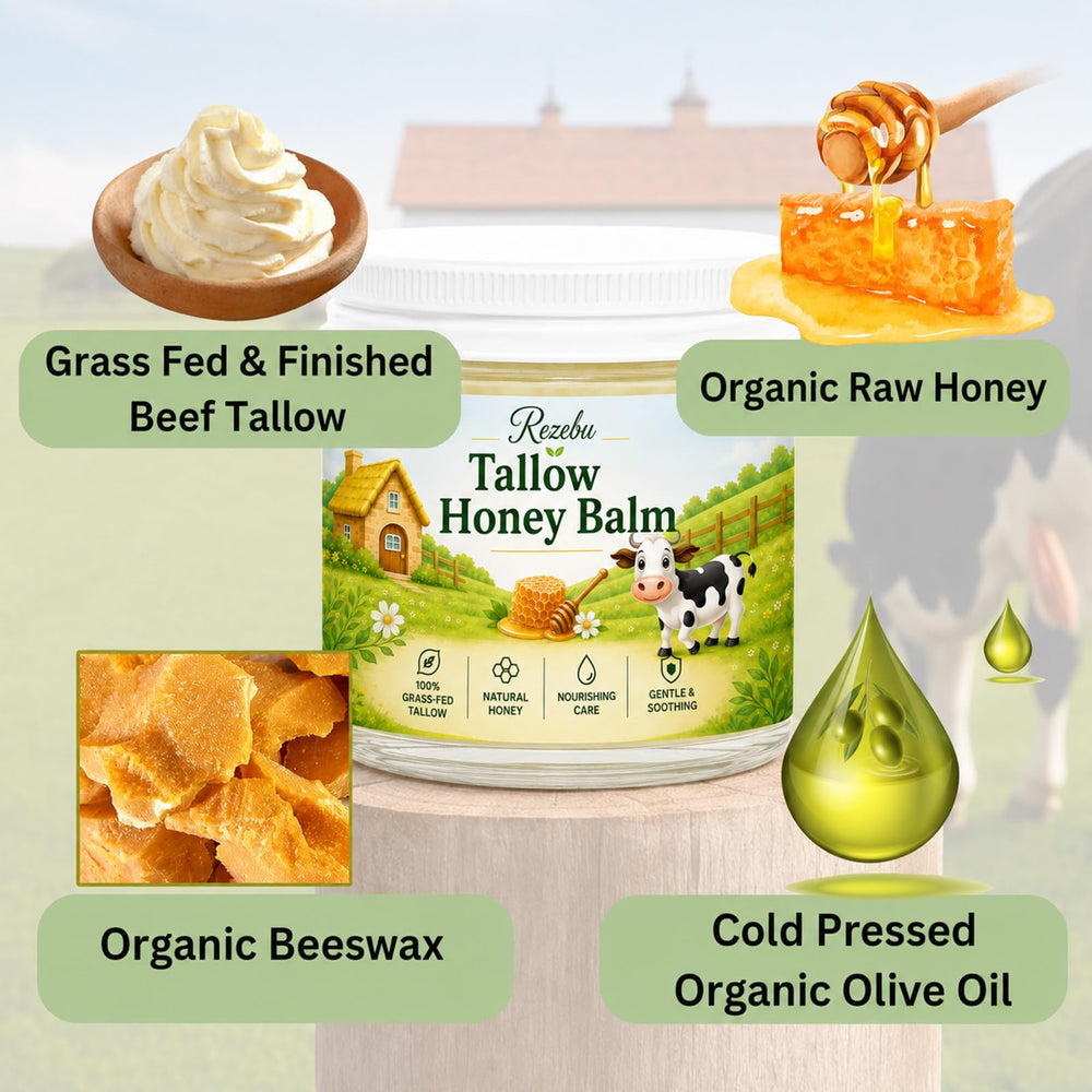 Rezebu with raw honey and tallow ingredients, highlighting natural components and nourishment