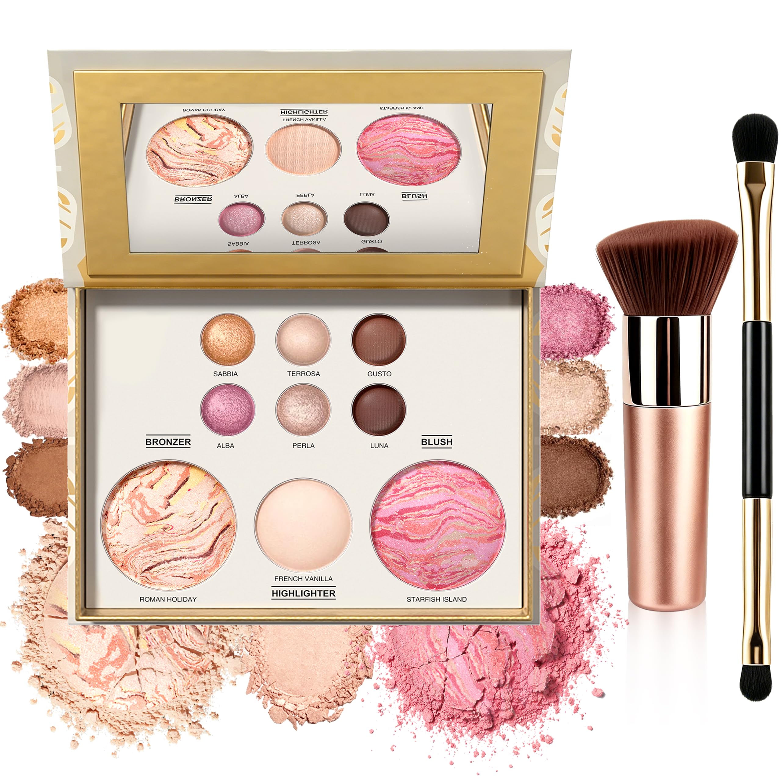 RFENLY front view of open palette showing neutral shades and mirror, travel convenience