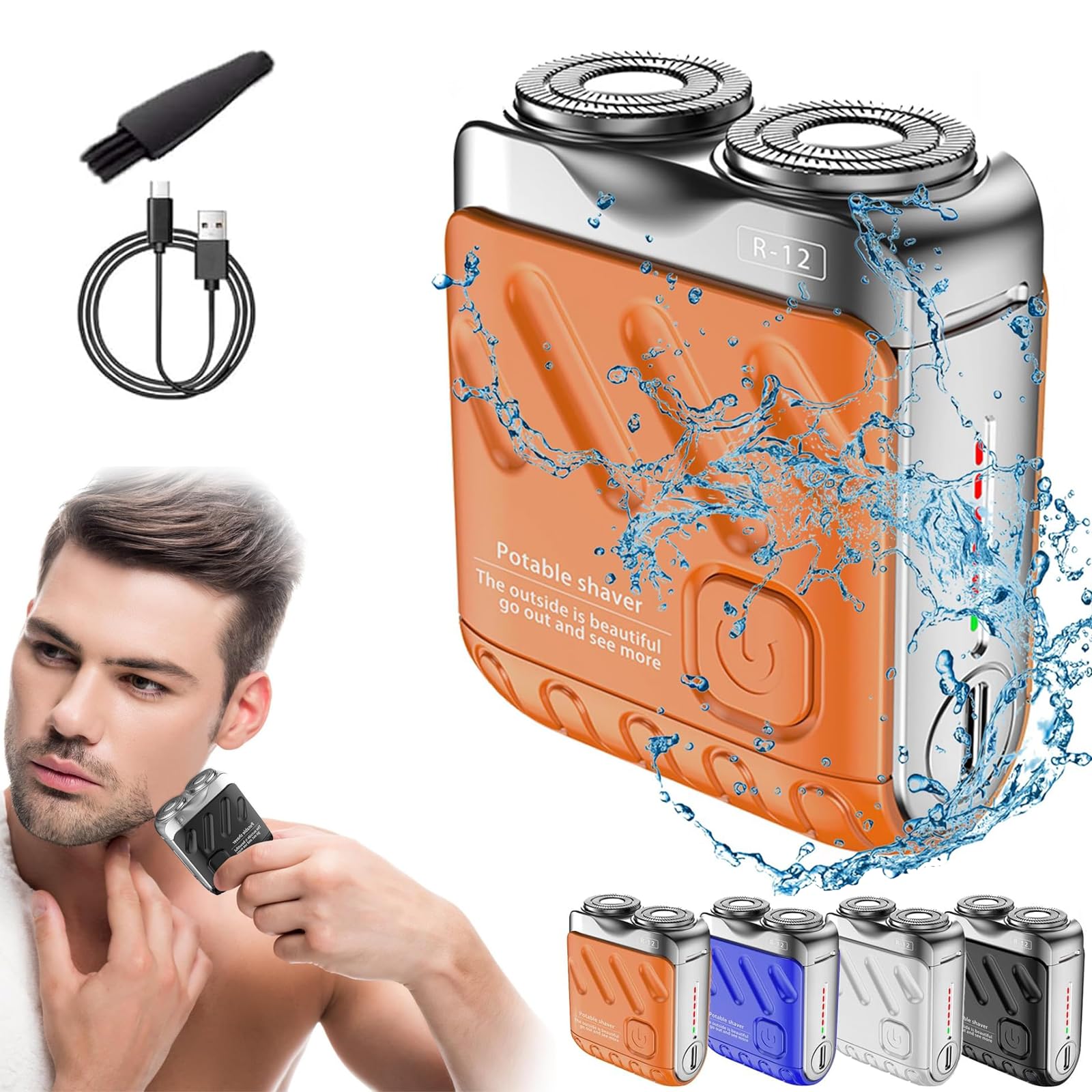 Rhycoma Skyworl Mini Shaver front view showing compact orange body and controls, ideal for quick grooming