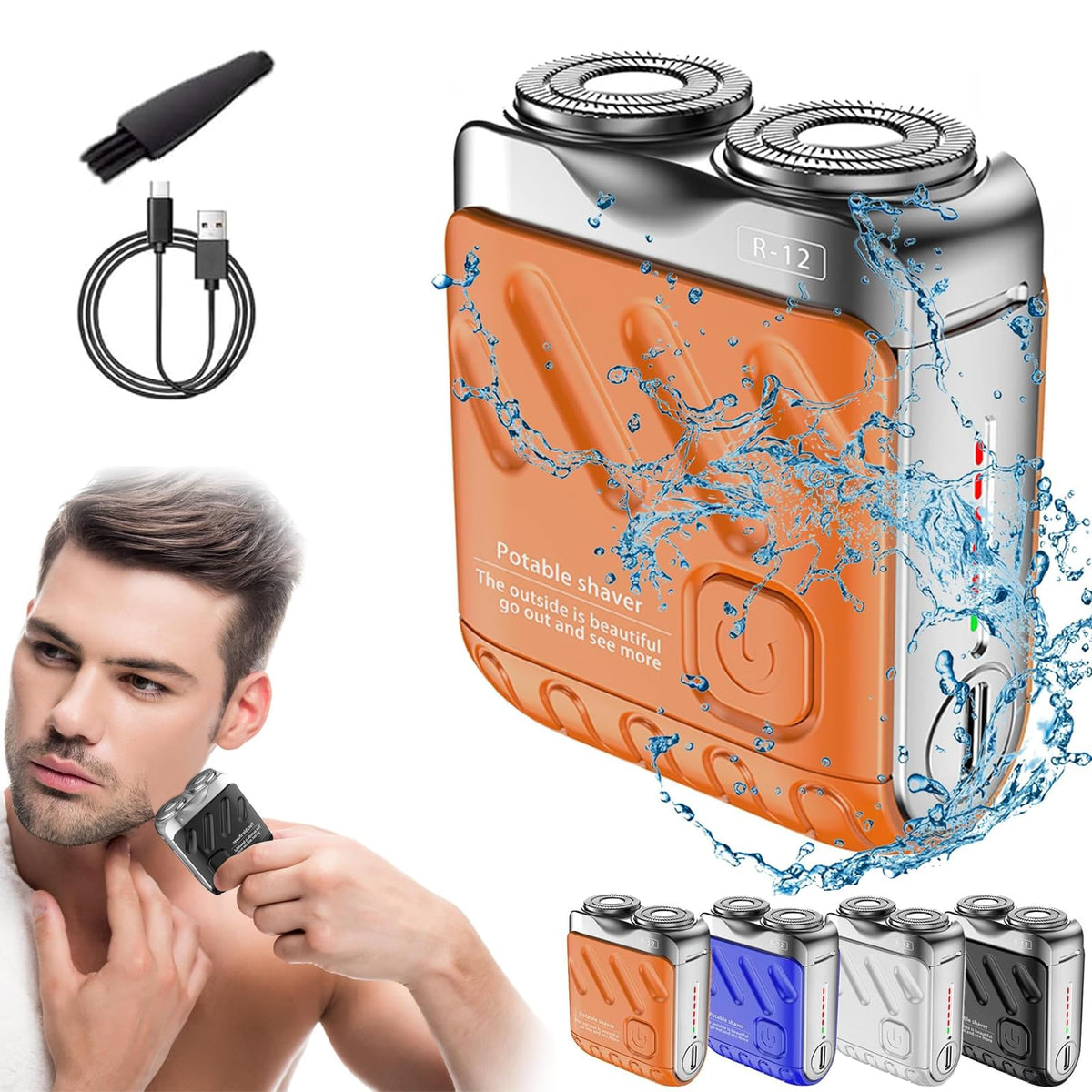 Rhycoma Skyworl Mini Shaver front view showing compact orange body and controls, ideal for quick grooming