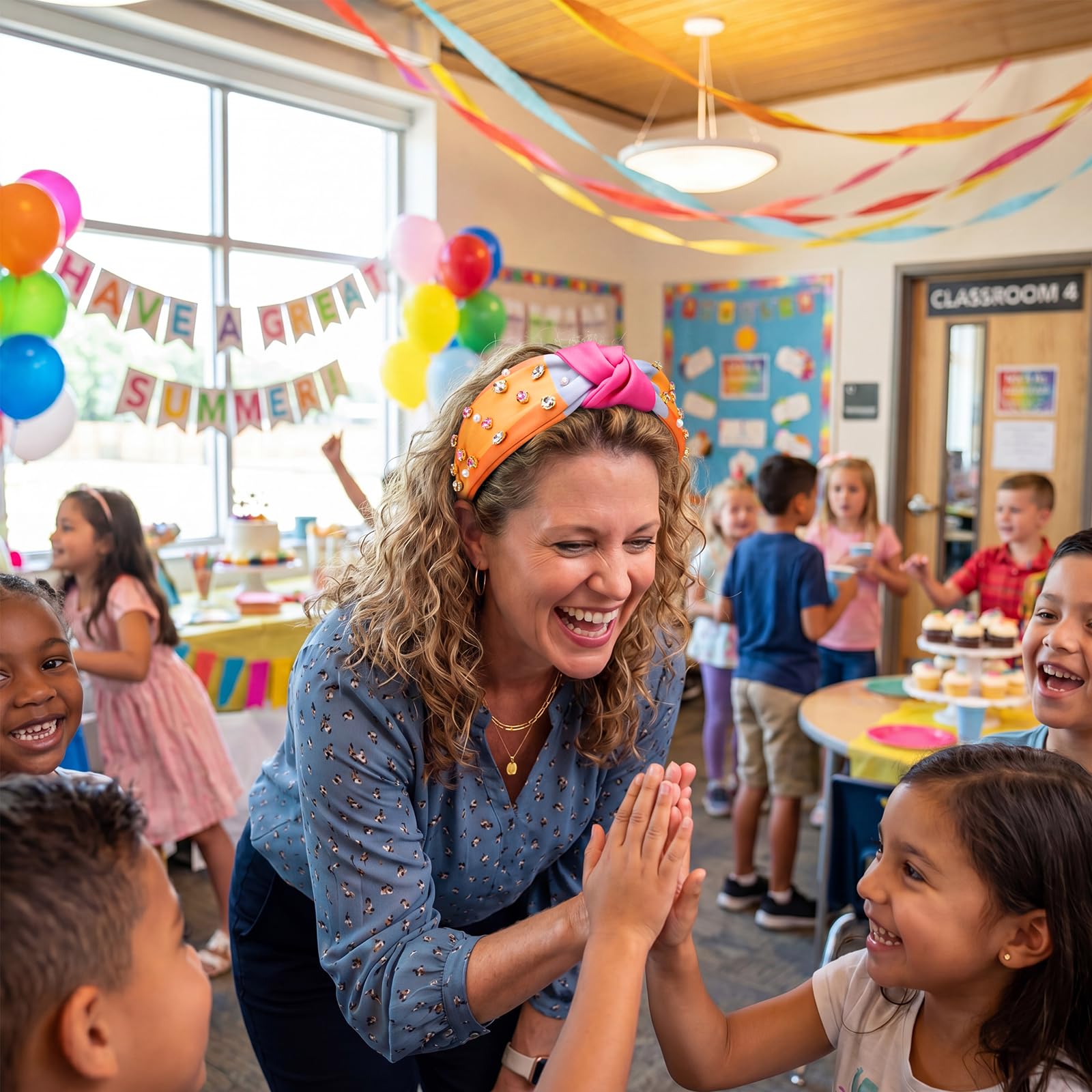 Riceshoot headband worn by teacher in classroom showing neat hair control and confident style