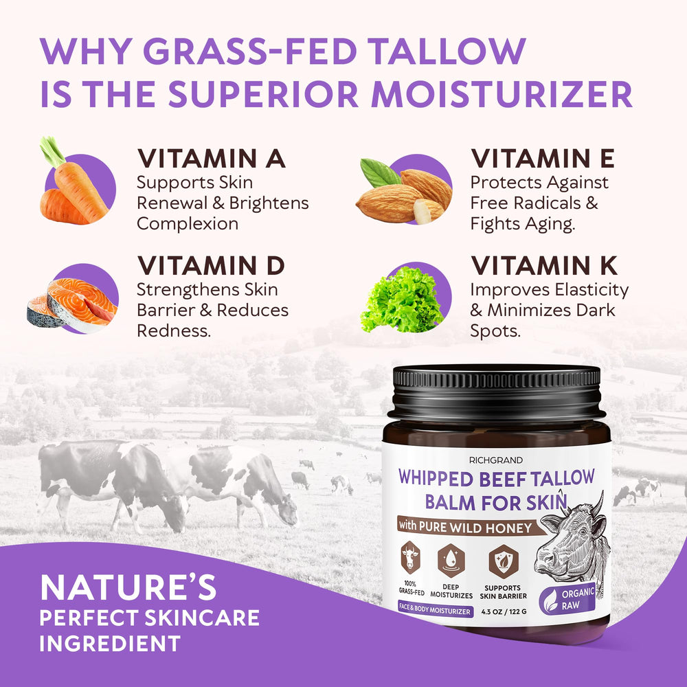 RICHGRAND ingredients shot honey beeswax and grass‑fed tallow emphasizing purity