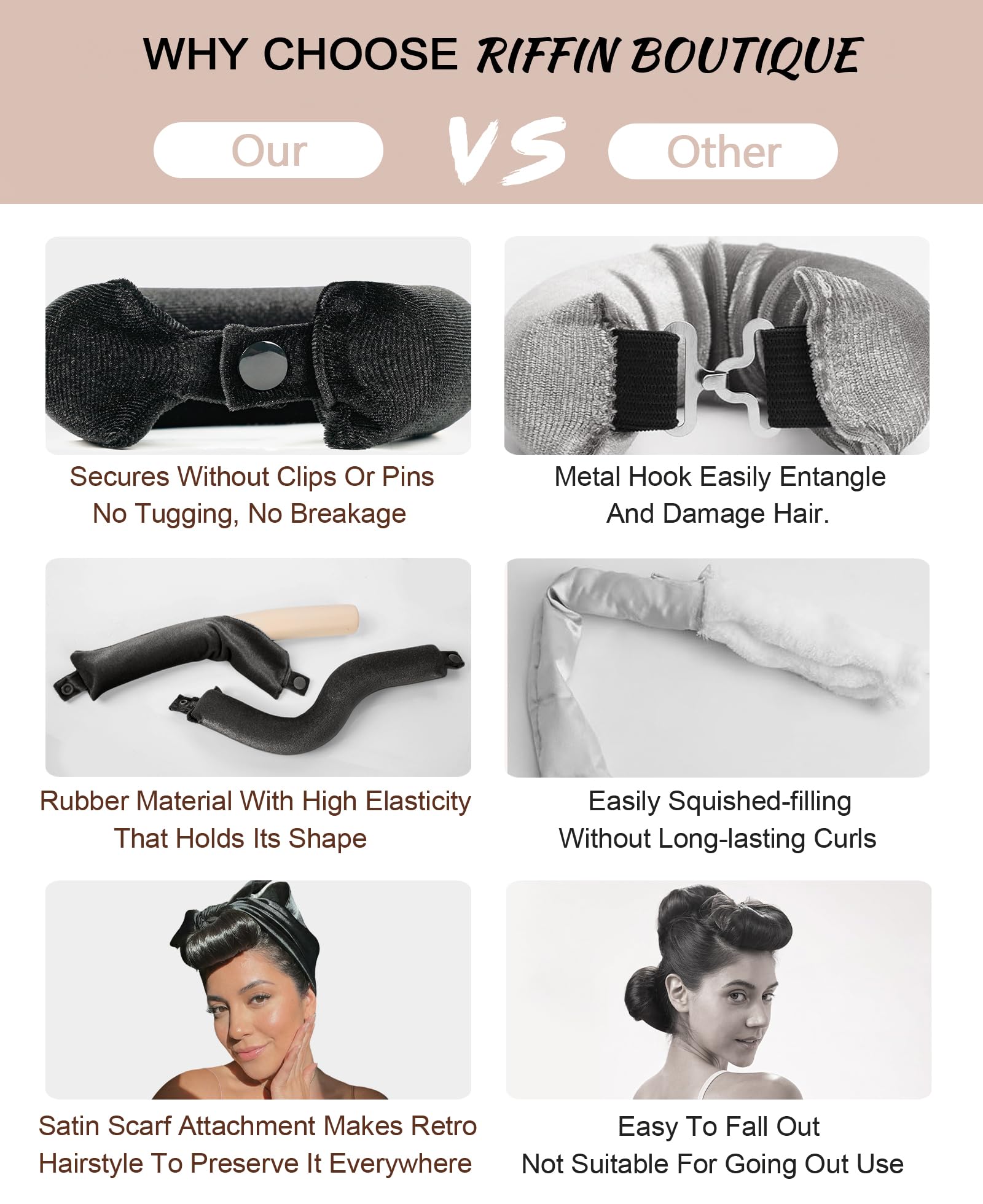 RIFFIN model showing before and after heatless curls