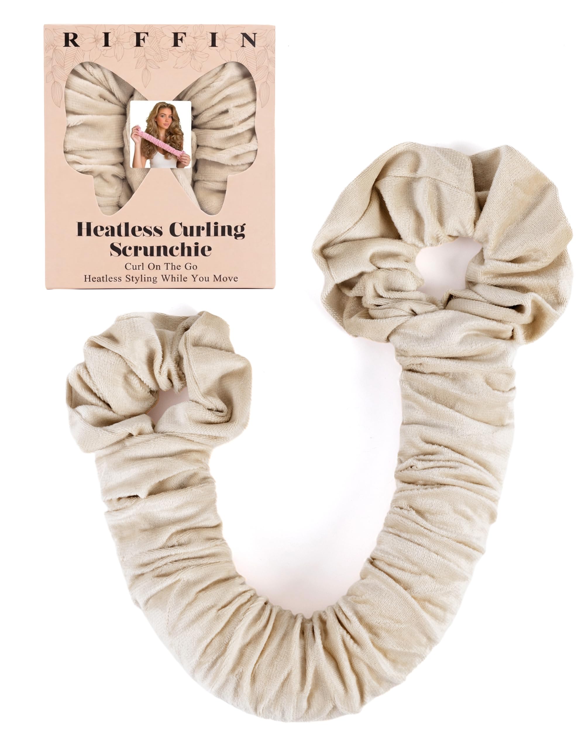 RIFFIN front view of velvet scrunchie shows compact no-heat curling benefit
