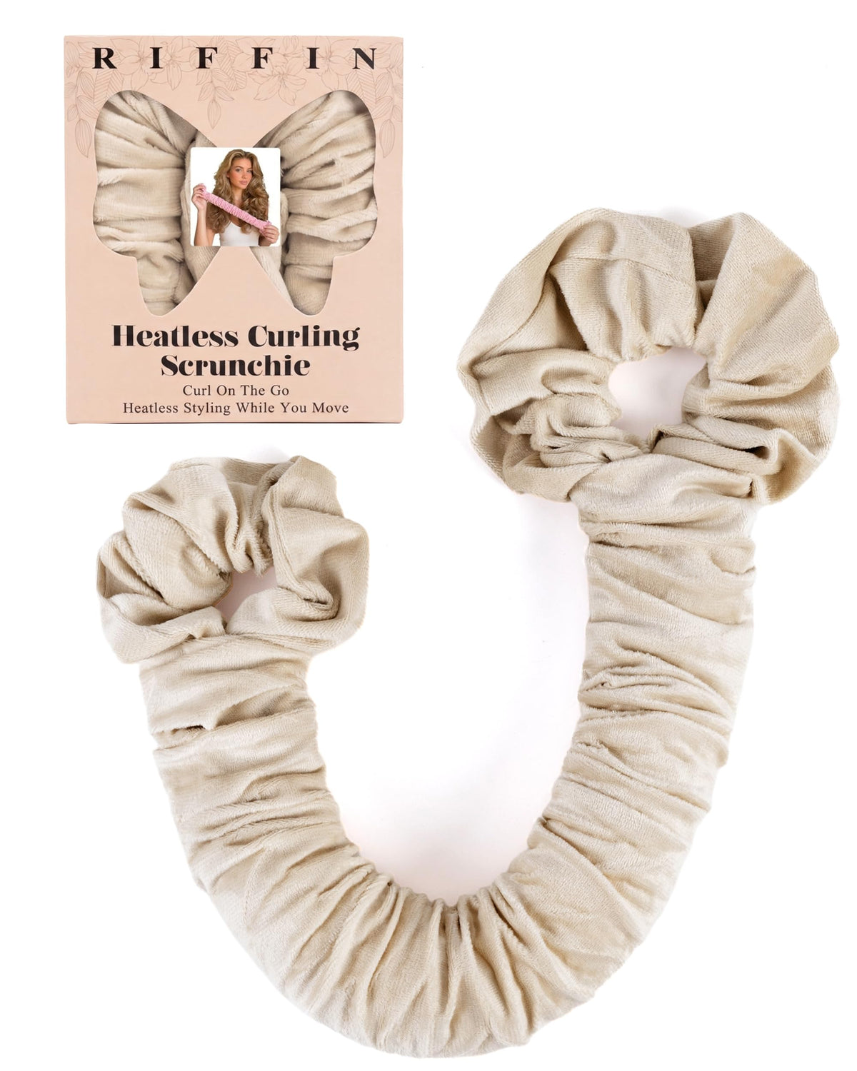 RIFFIN front view of velvet scrunchie shows compact no-heat curling benefit