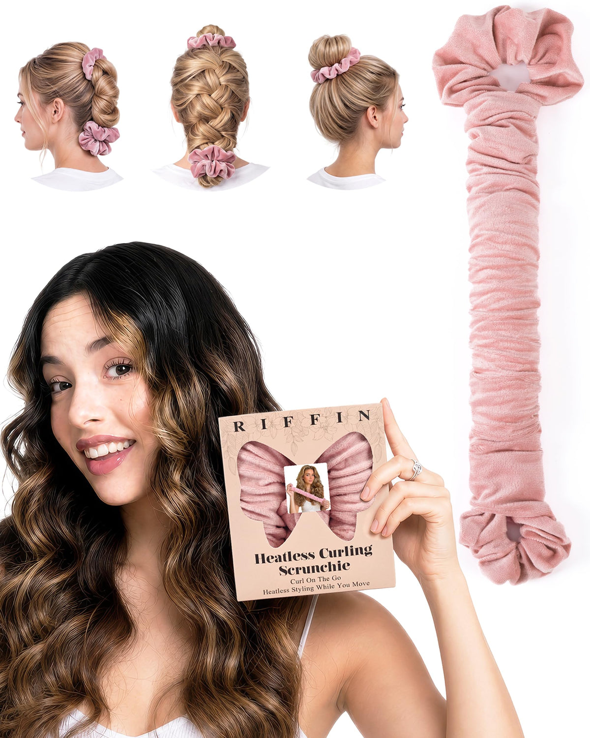 RIFFIN front view of velvet curling scrunchie showing compact design and convenience