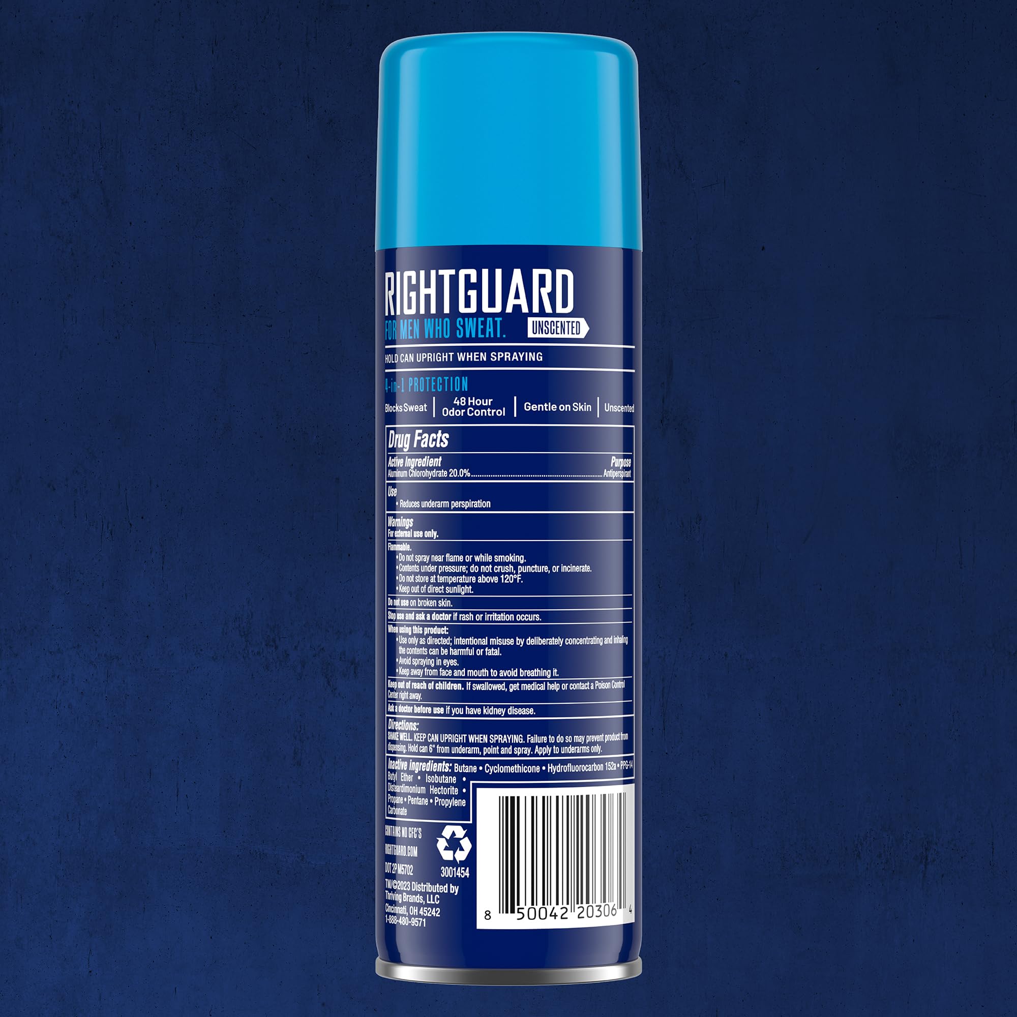 Right Guard by Thriving Brands back label with directions and ingredient details