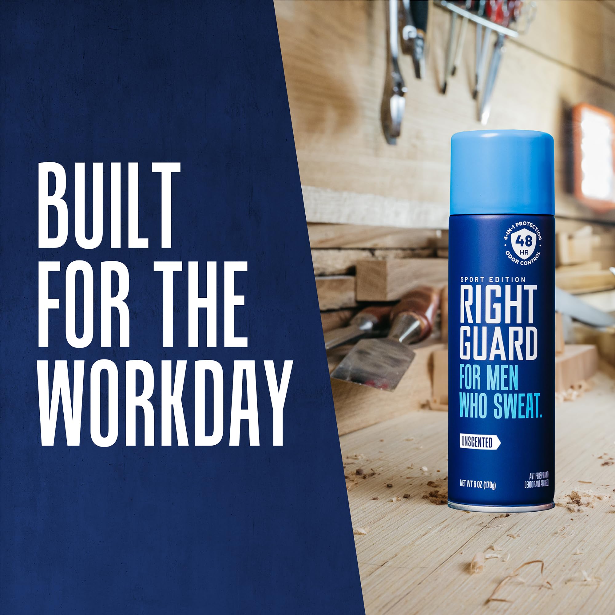 Right Guard three-pack display emphasizing long-lasting, value pack