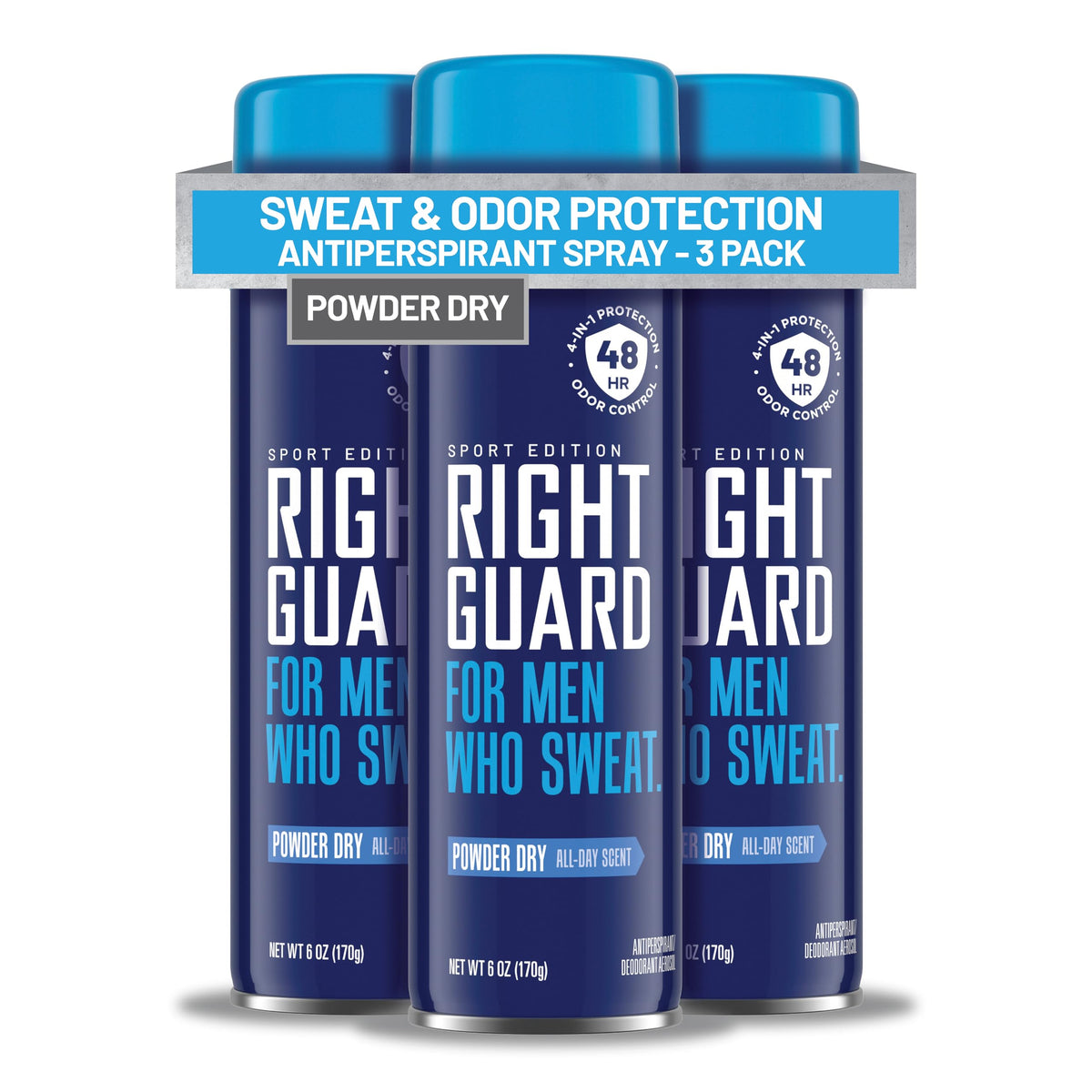 Right Guard front can showing label and powder dry scent protecting confidently