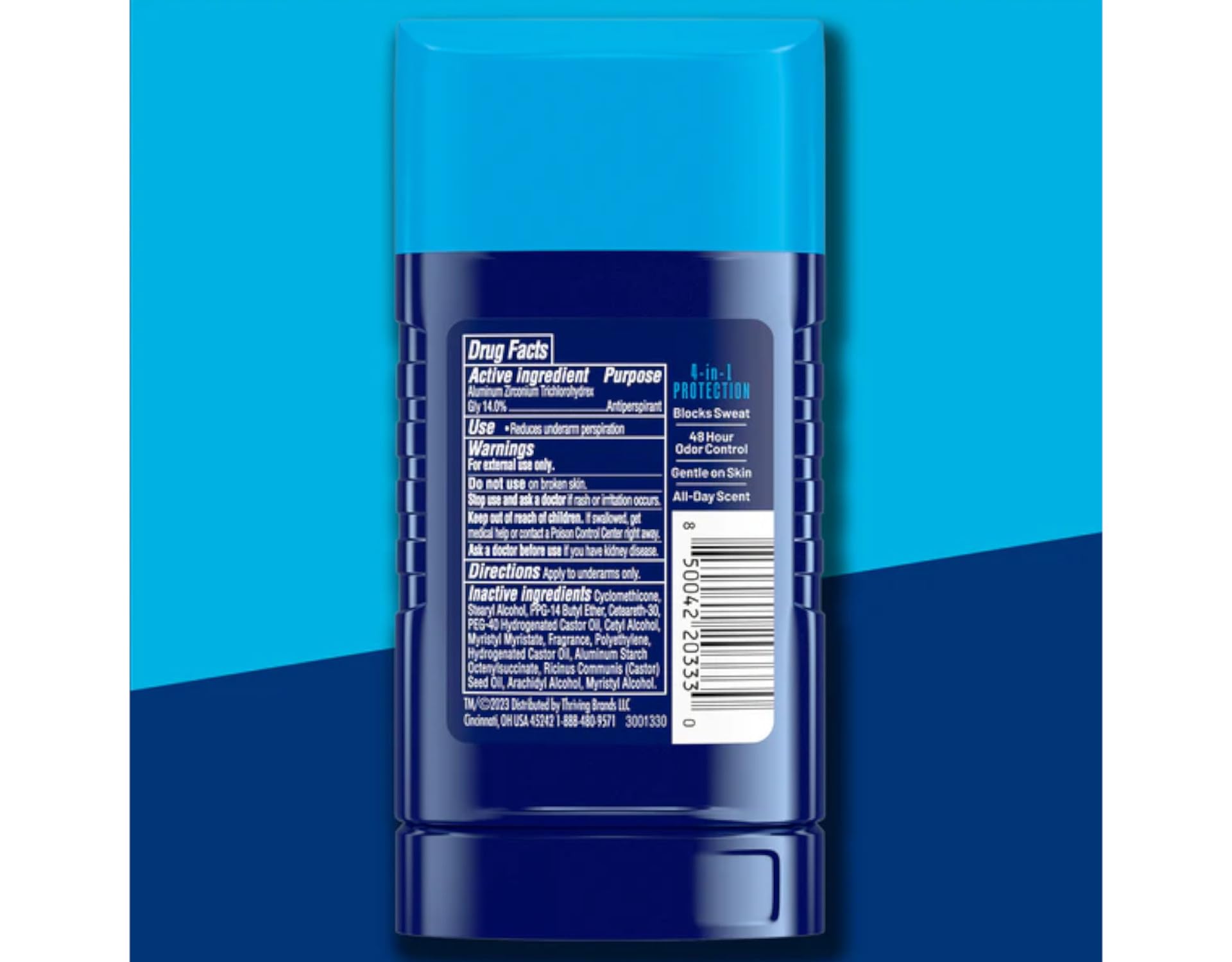 Right Guard next to shirt fabric showing minimal residue on clothing