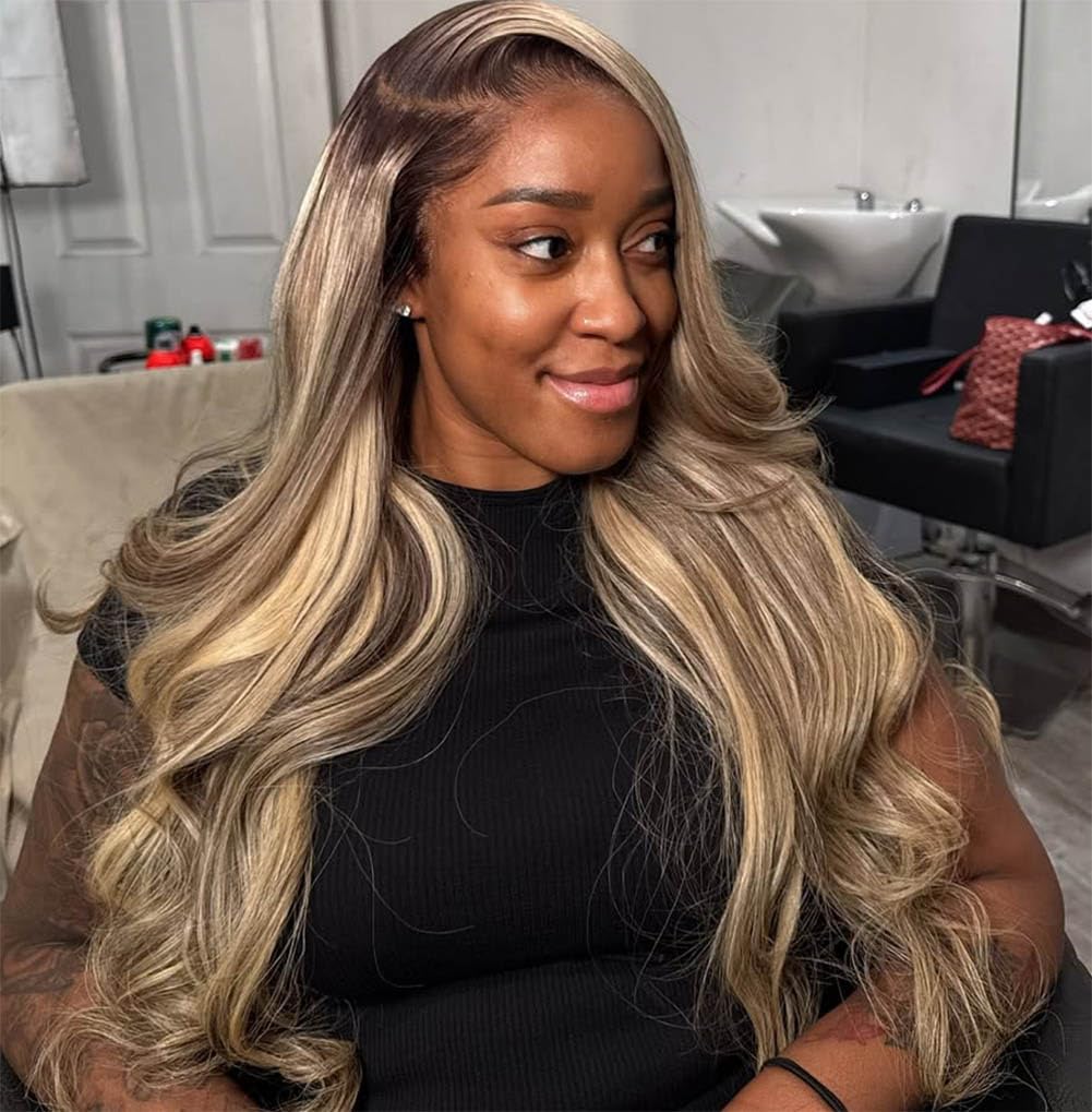 Rina front view of ombre milk tea wig showing natural hairline and length benefits