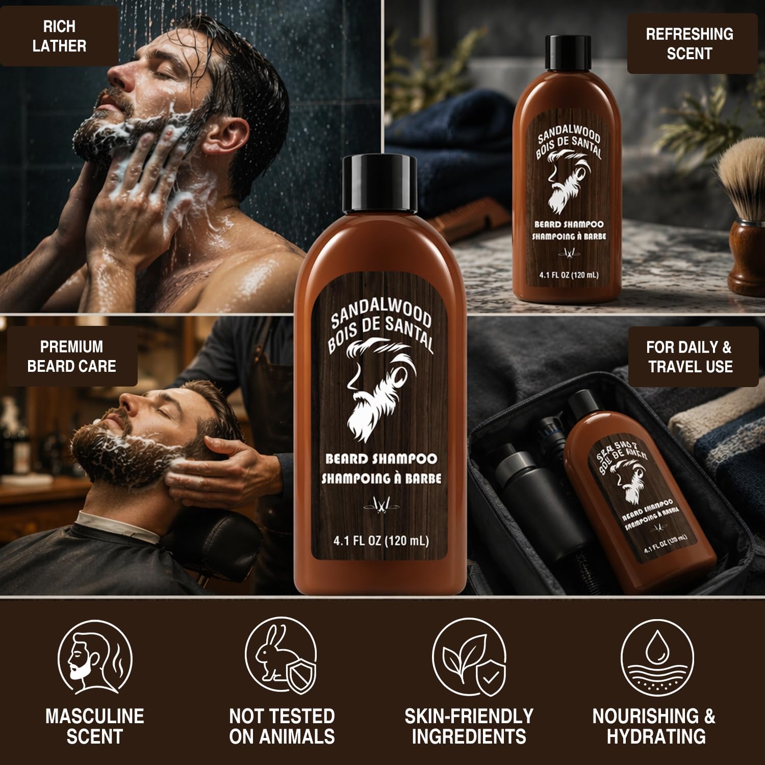 Rinse & Robust beard oil dropper and balm jar close-up showing moisturize and soften benefit