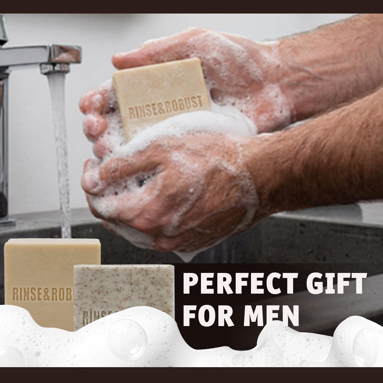 Rinse & Robust bar held in hand demonstrating 3.5 oz travel-friendly size and convenience