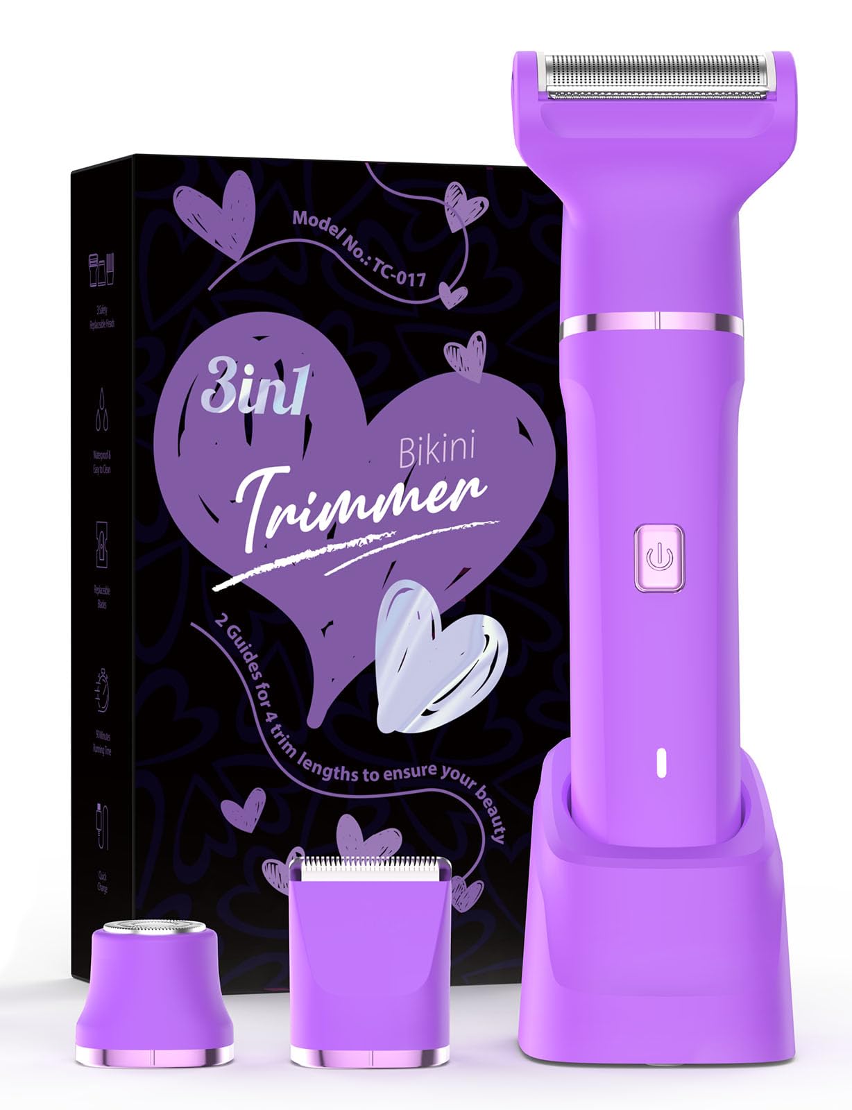Risina front packaging showing compact trimmer and three heads for travel convenience