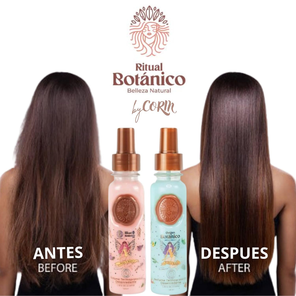 Ritual Botanico mist on hair strands showing lightweight texture and shine