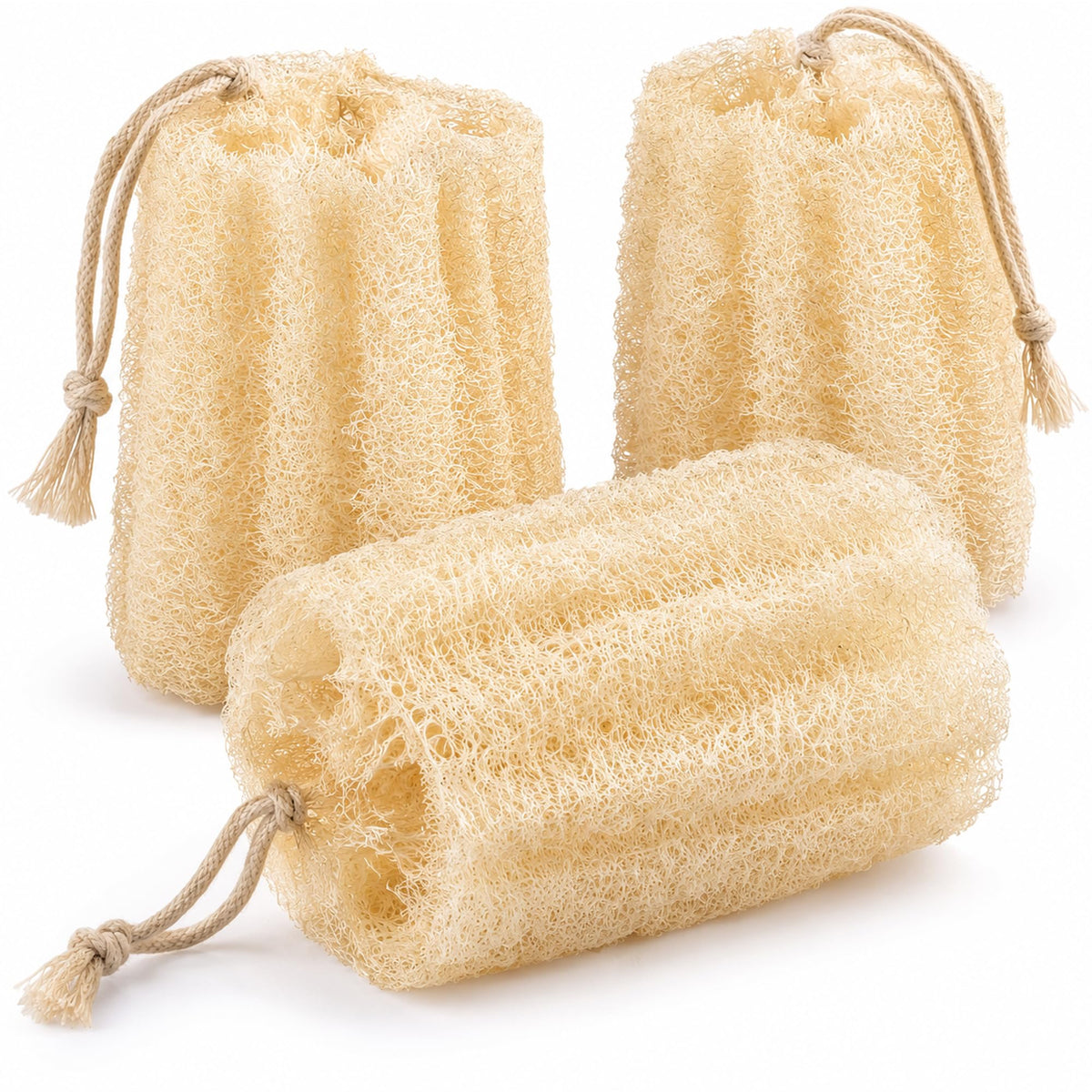 RIYNIBIY front packaging showing three natural loofahs and eco benefits
