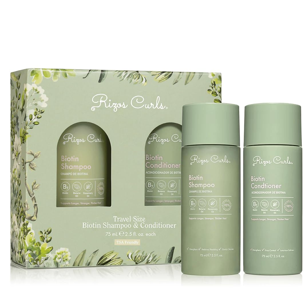 Rizos Curls travel bundle front packaging showing compact bottles and clear labeling benefits portability