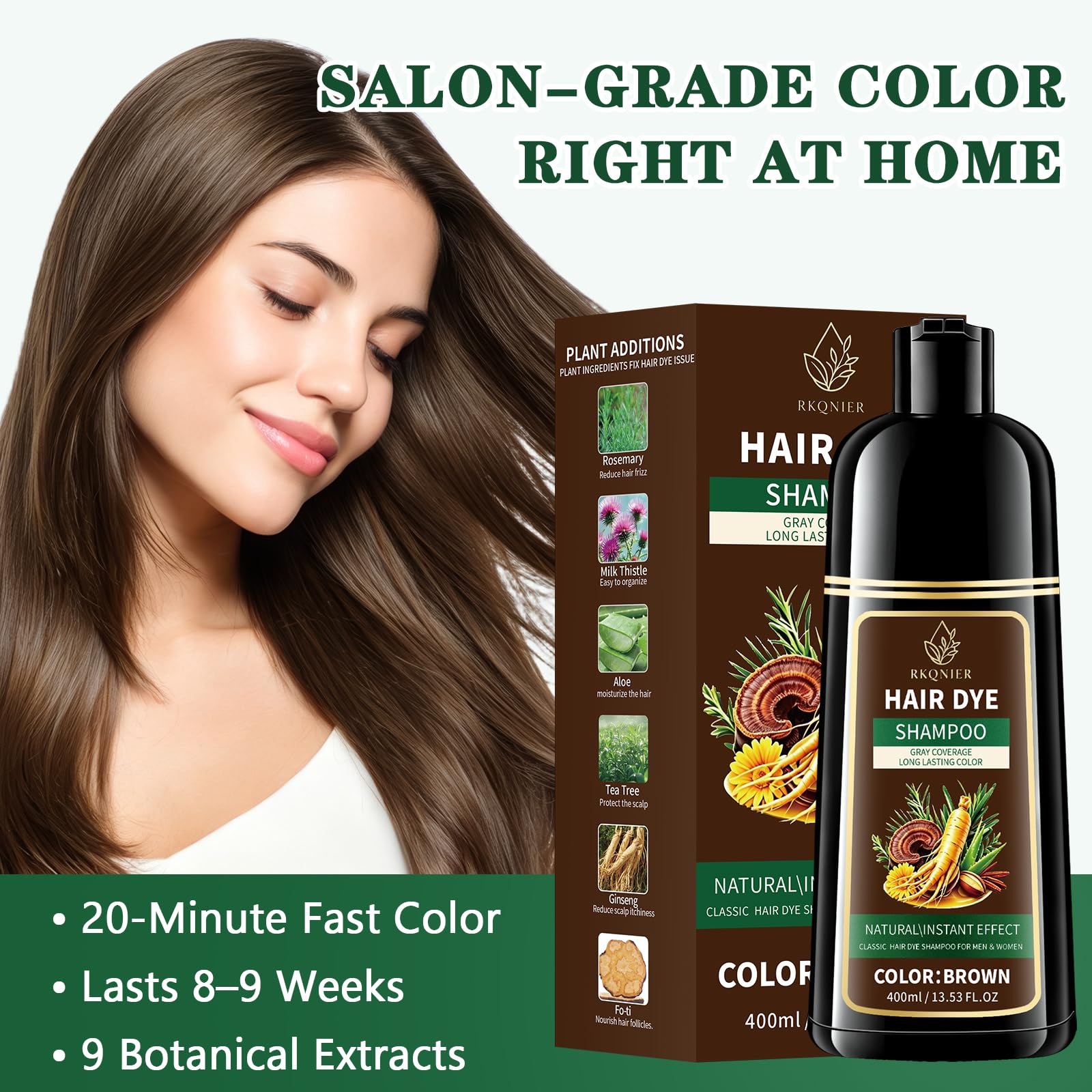 RKQNIER styled hair in lifestyle setting displaying natural brown color and shine
