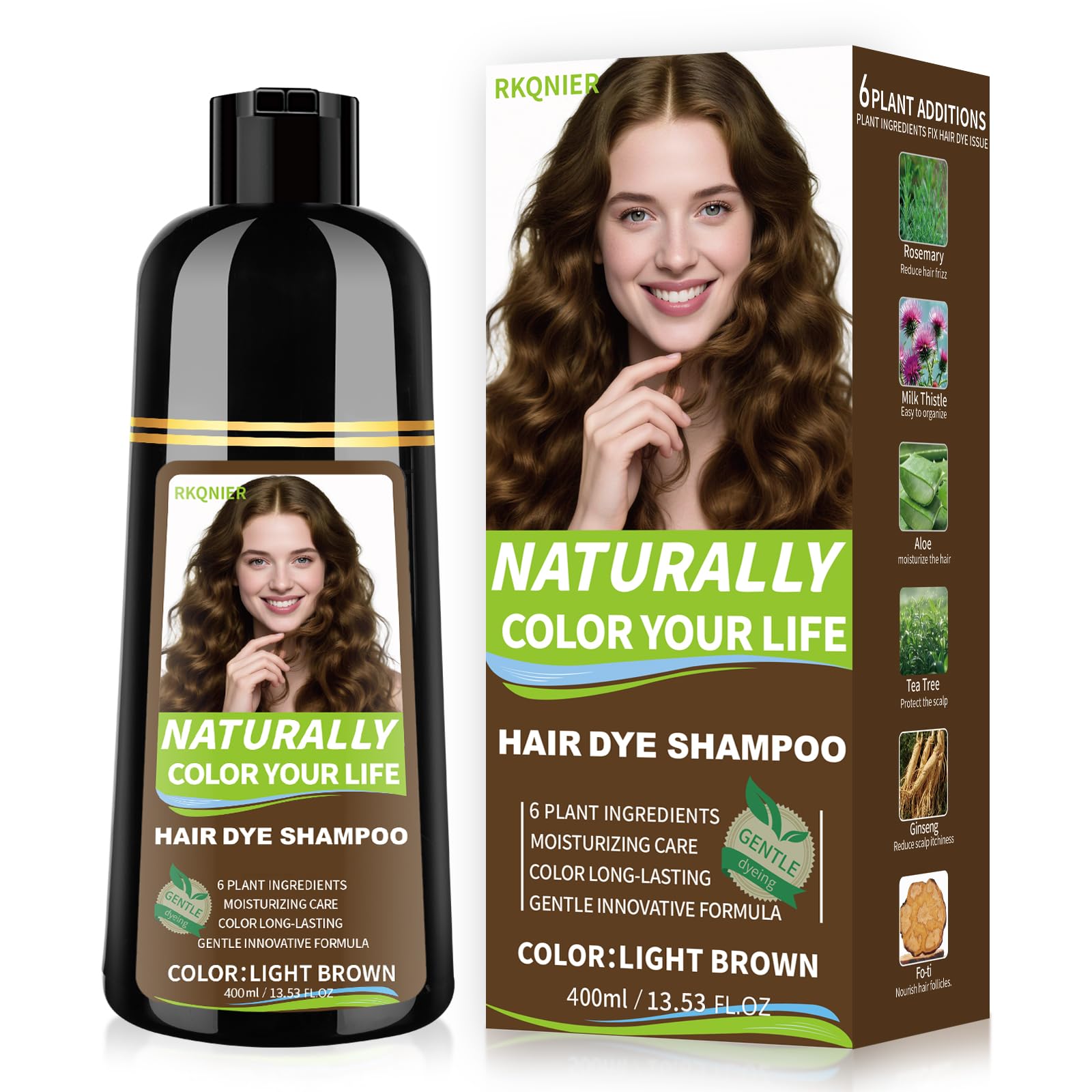 RKQNIER bottle front view showing light brown shade and packaging benefit