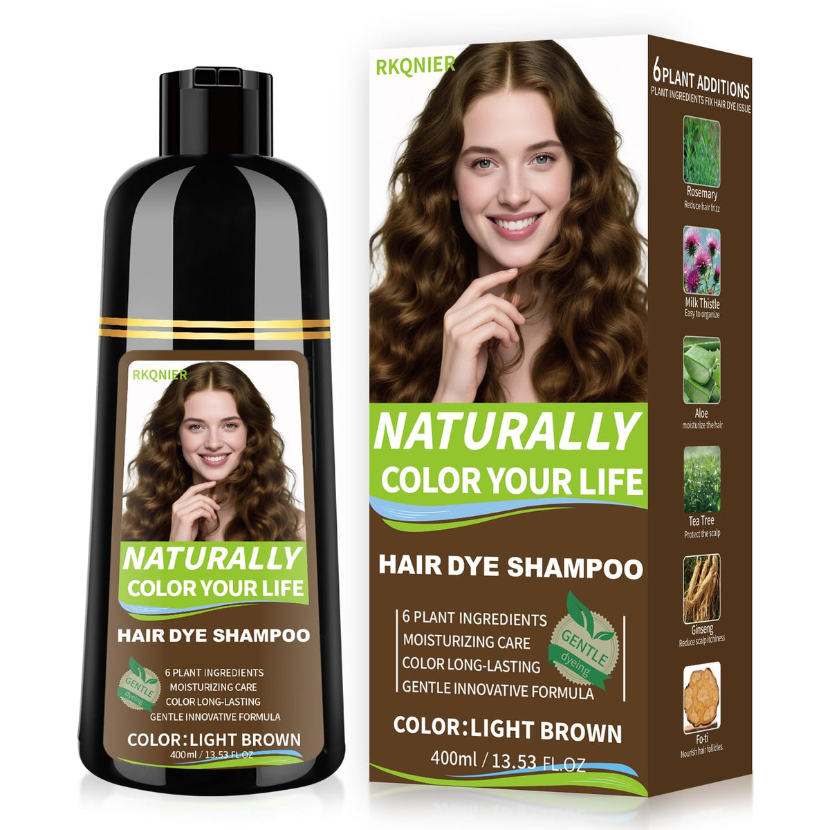 RKQNIER bottle front view showing light brown shade and packaging benefit