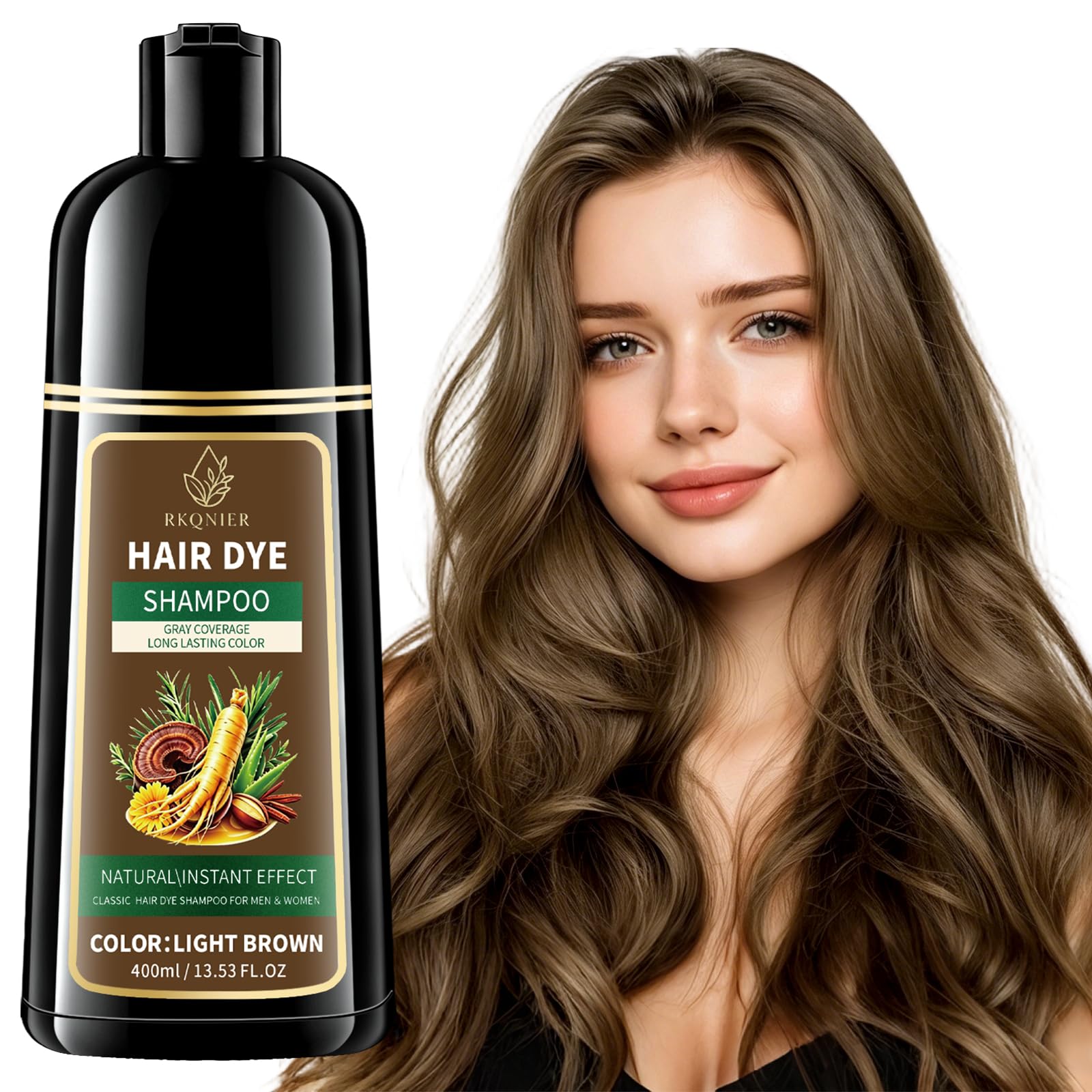 RKQNIER front packaging showing light brown shampoo bottle and benefits