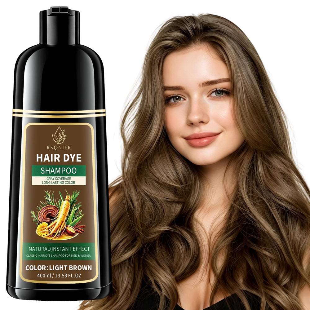 RKQNIER front packaging showing light brown shampoo bottle and benefits