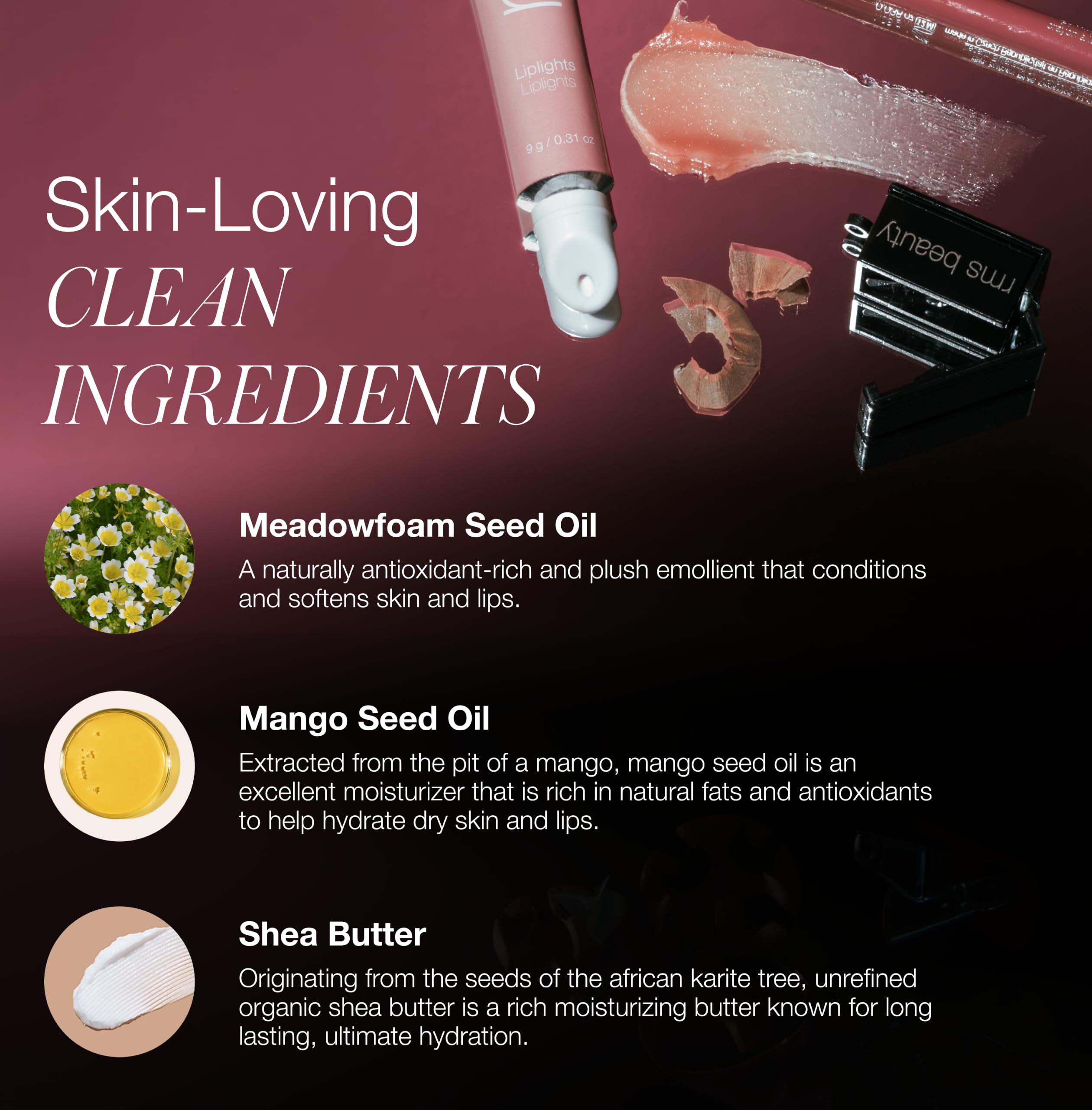 rms beauty ingredients display with shea and jojoba conveying nourishing benefits