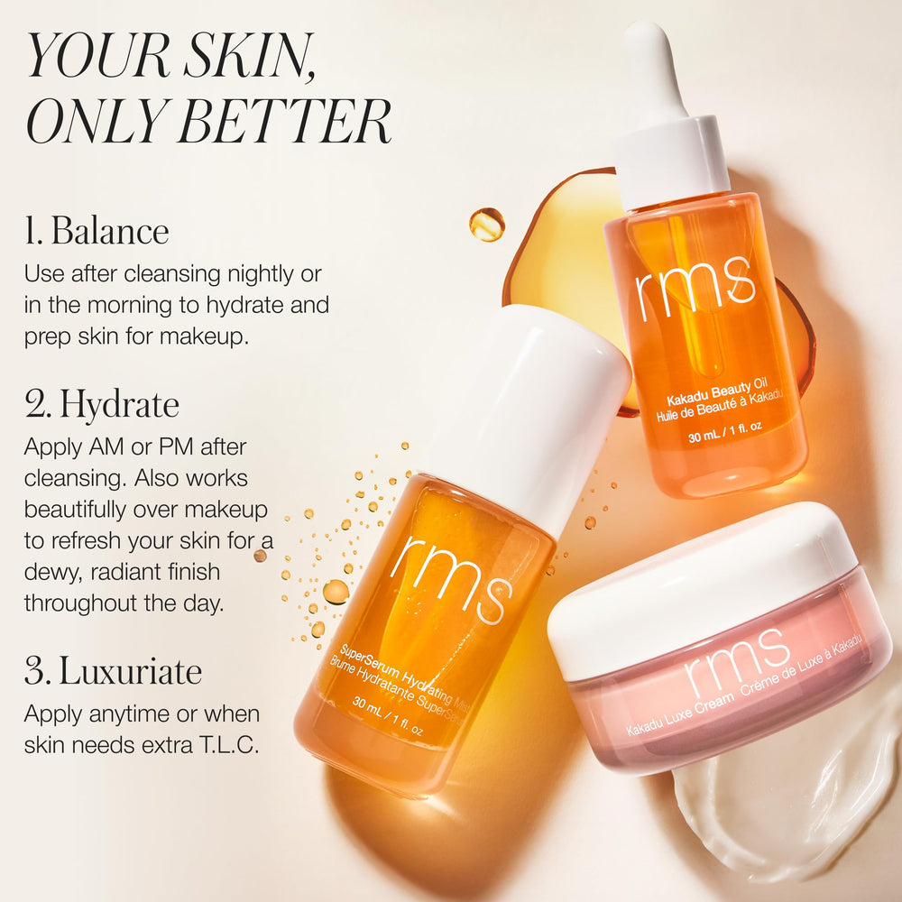 RMS Beauty bottle on bathroom vanity conveying everyday skincare ritual