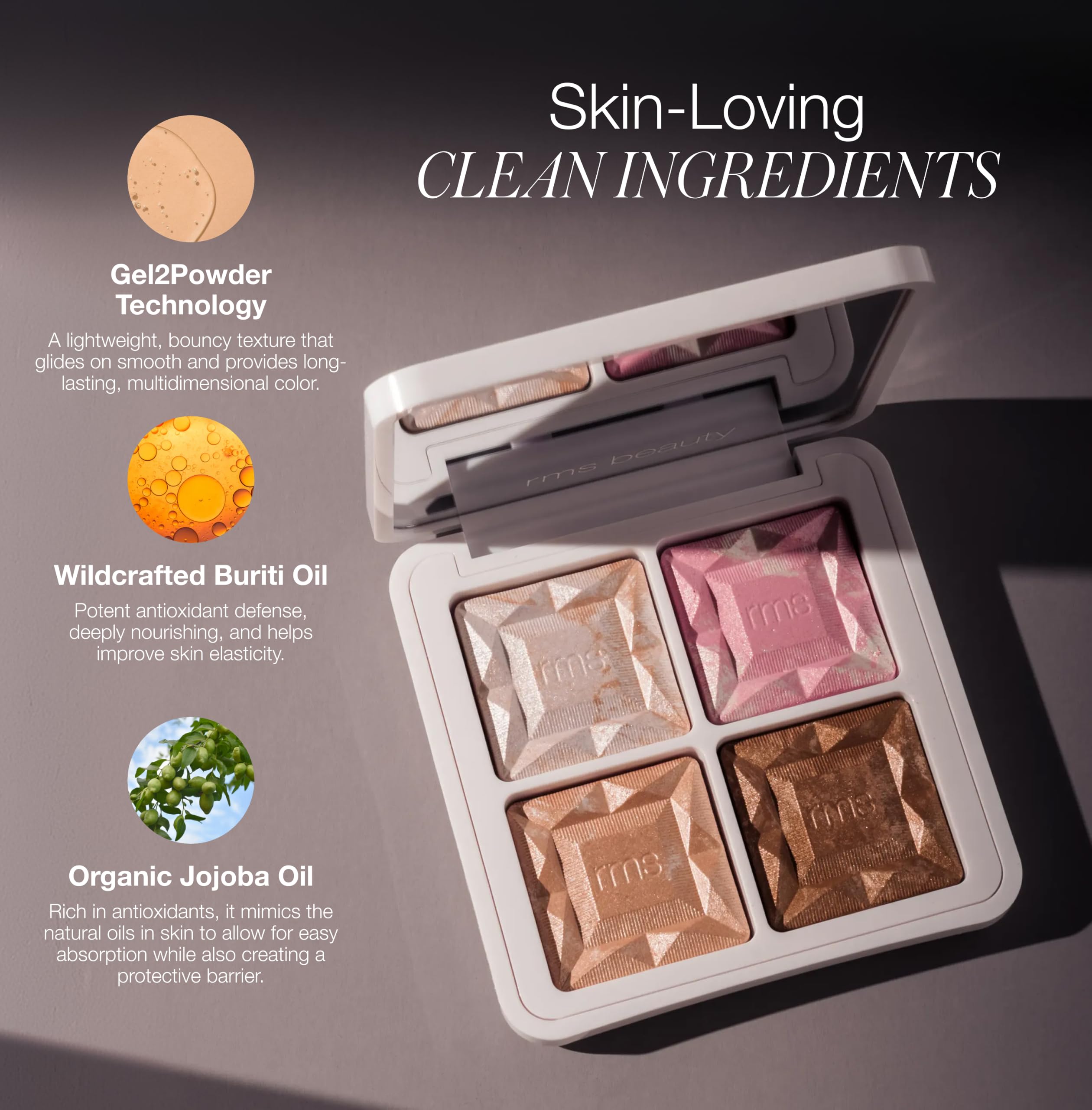 RMS Beauty palette used on shoulders and collarbone for radiant evening benefit