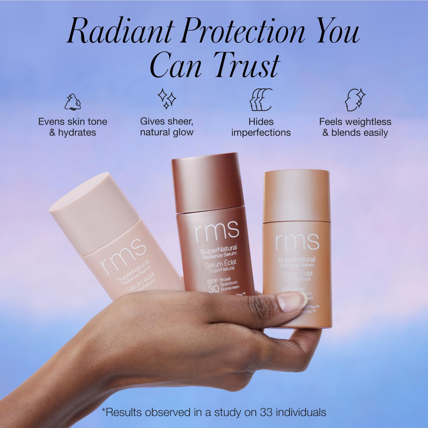 RMS Beauty bottle held in hand to show 1 oz size for travel convenience
