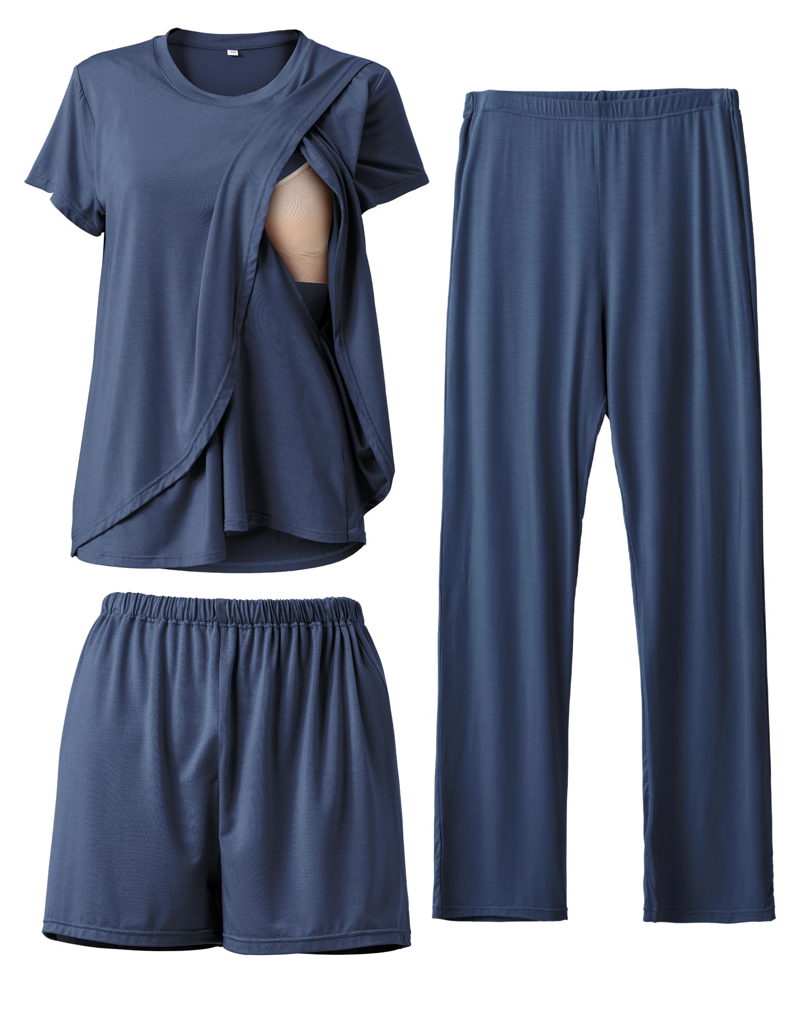 Rnxrbb navy pajama set front view showing coordinated three-piece set and convenience