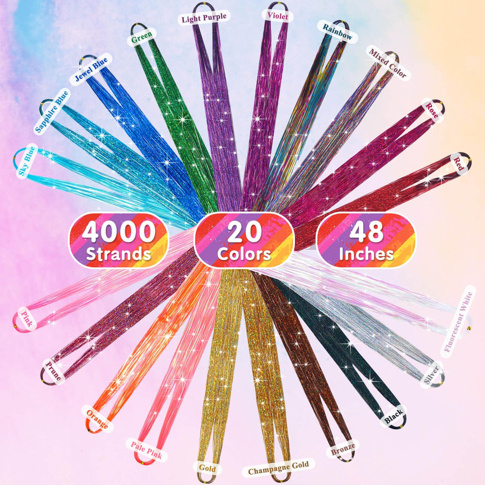 ROADPLUM colorful 20-color tinsel strands spread out to display vivid options