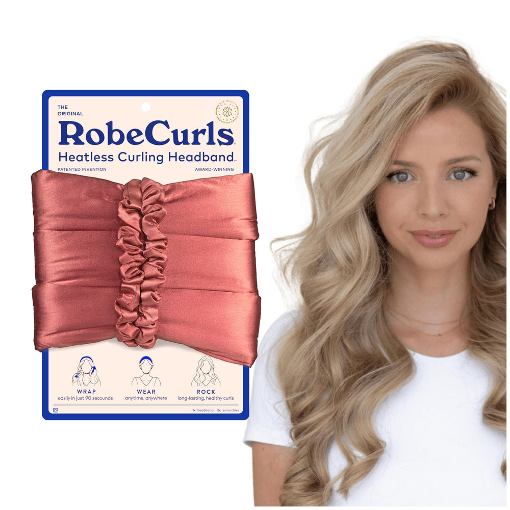 RobeCurls front packaging in rose showing complete heatless curler kit and benefits