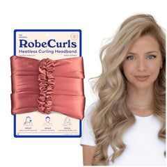 RobeCurls front packaging in rose showing complete heatless curler kit and benefits