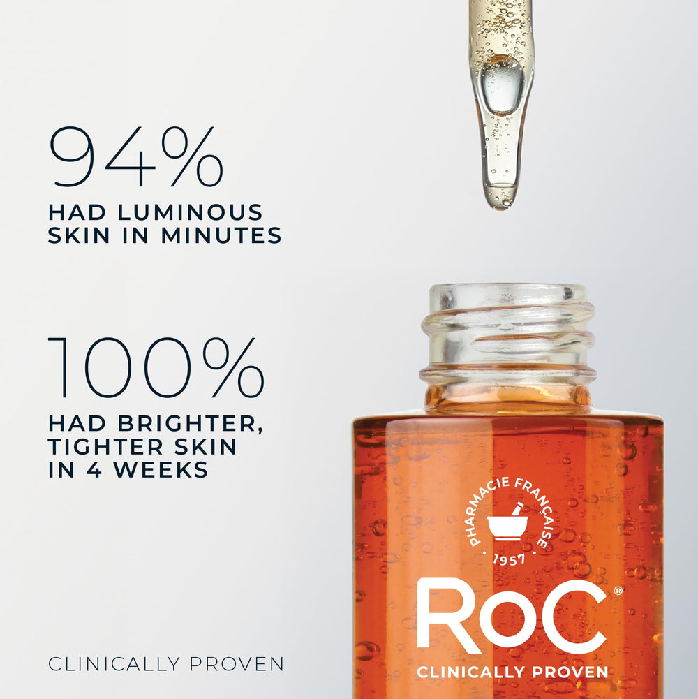 RoC bottle label detail highlighting 10% Active Vitamin C and peptide benefits
