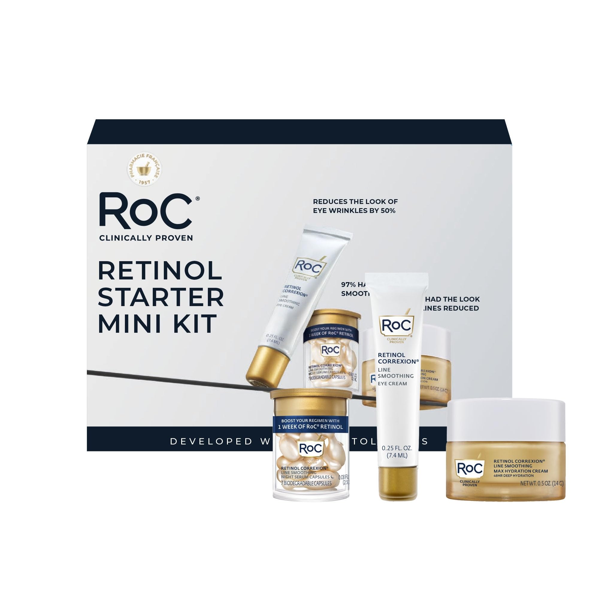RoC kit front packaging showing product trio and benefits