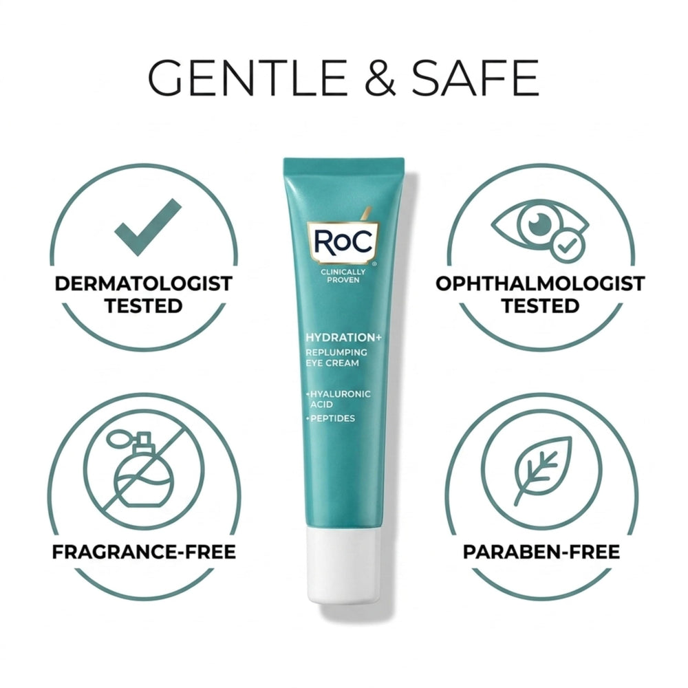 RoC eye cream on bathroom counter with towel showing daily routine convenience