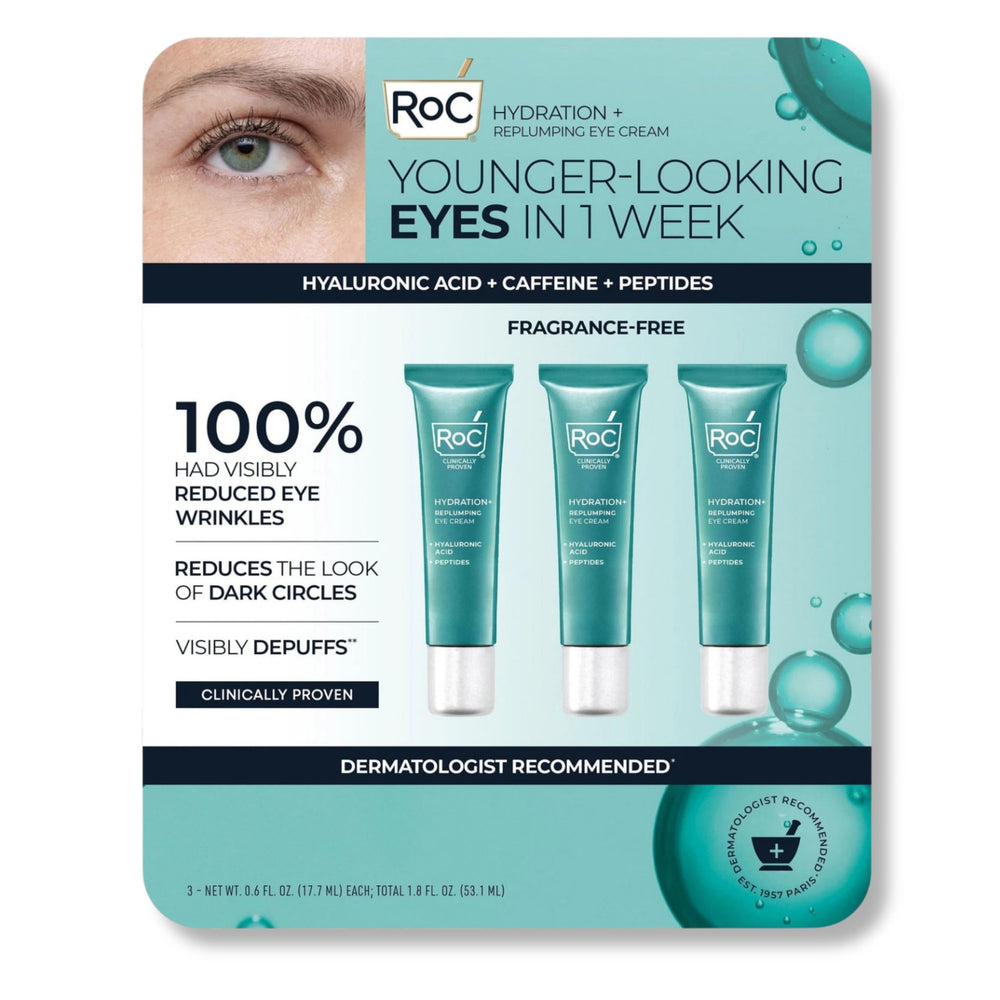 RoC eye cream front packaging showing compact 0.6 oz jar and clean design